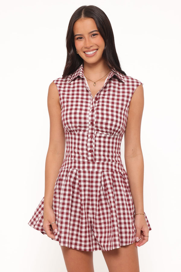 Petal and Pup USA PLAYSUITS Helen Button Front Romper - Burgundy Gingham