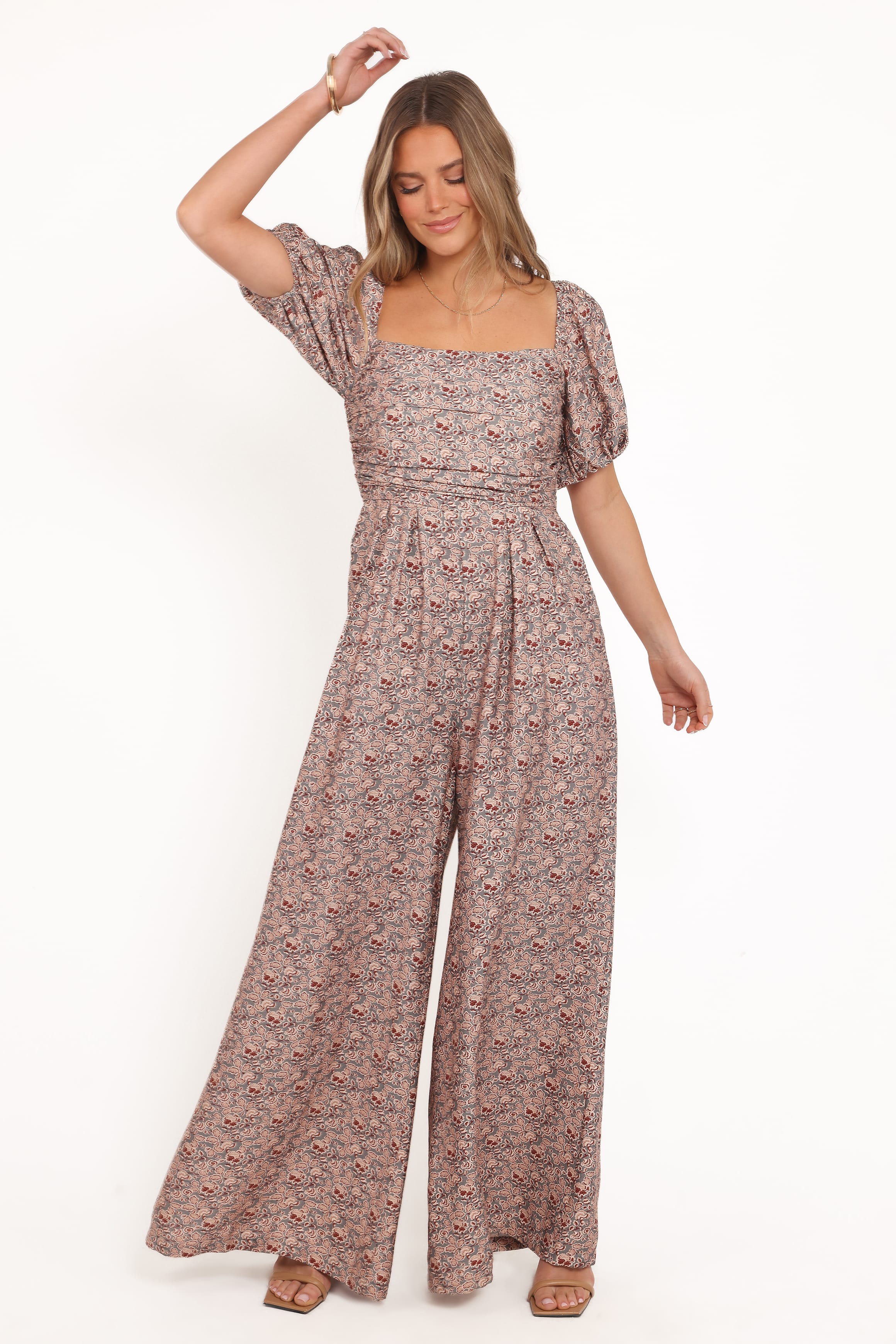 Petal and Pup USA PLAYSUITS Jayda Puff Sleeve Jumpsuit - Grey Floral