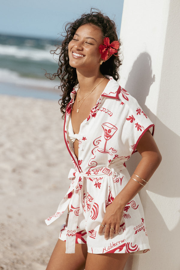 Petal and Pup USA PLAYSUITS Kensie Tie Waist Romper - Red (Hold for Amazon)