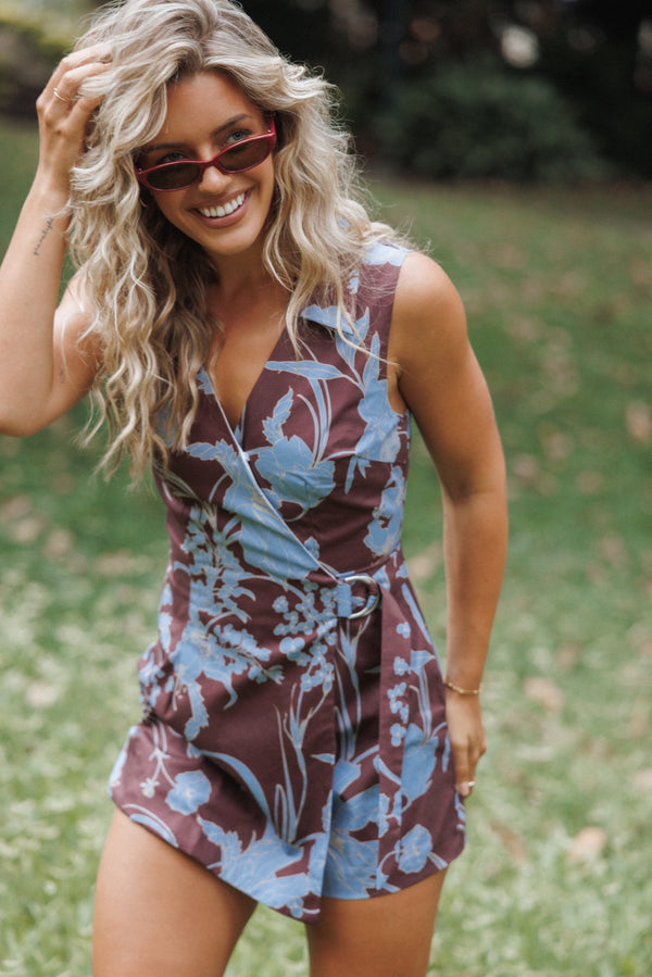 Petal and Pup USA PLAYSUITS Mattie Cross Front Romper - Burgundy Floral