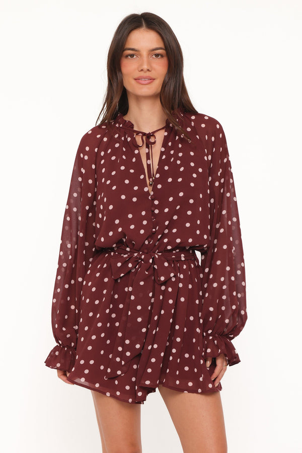 Petal and Pup USA PLAYSUITS Michelle Romper - Burgundy Polka Dot