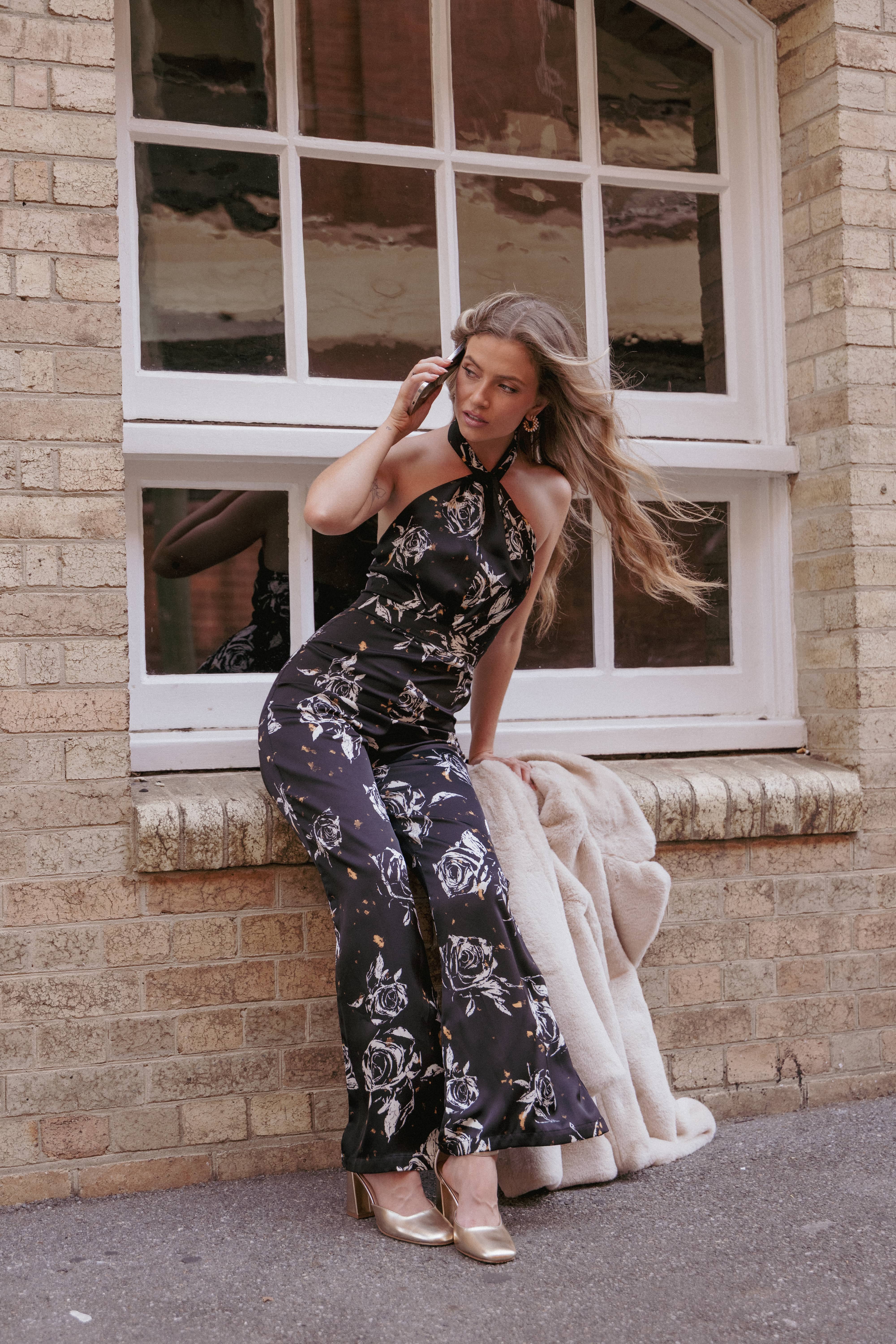Raelynn Halter Jumpsuit - Black Floral | Petal & Pup USA