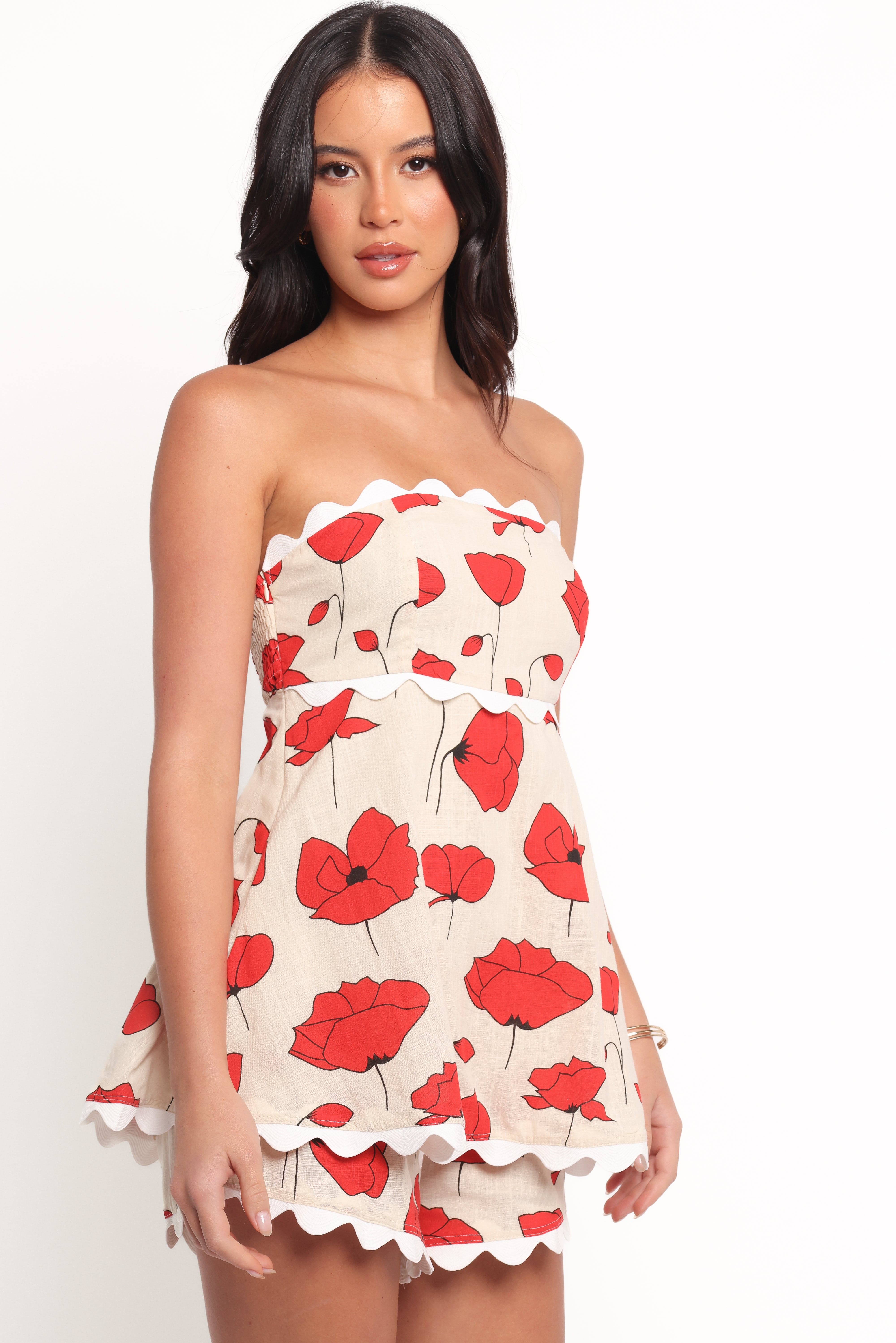 Petal and Pup USA PLAYSUITS Romia Strapless Romper - Red Beige Poppy (Hold for Amazon)