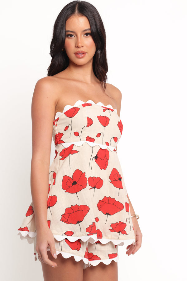 Petal and Pup USA PLAYSUITS Romia Strapless Romper - Red Beige Poppy (Hold for Amazon)