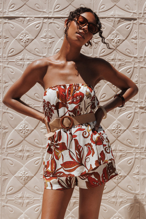 Petal and Pup USA PLAYSUITS Sallie Strapless Romper - Brown Floral