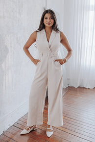 Petal and Pup USA PLAYSUITS Sienna Belted Jumpsuit - Beige