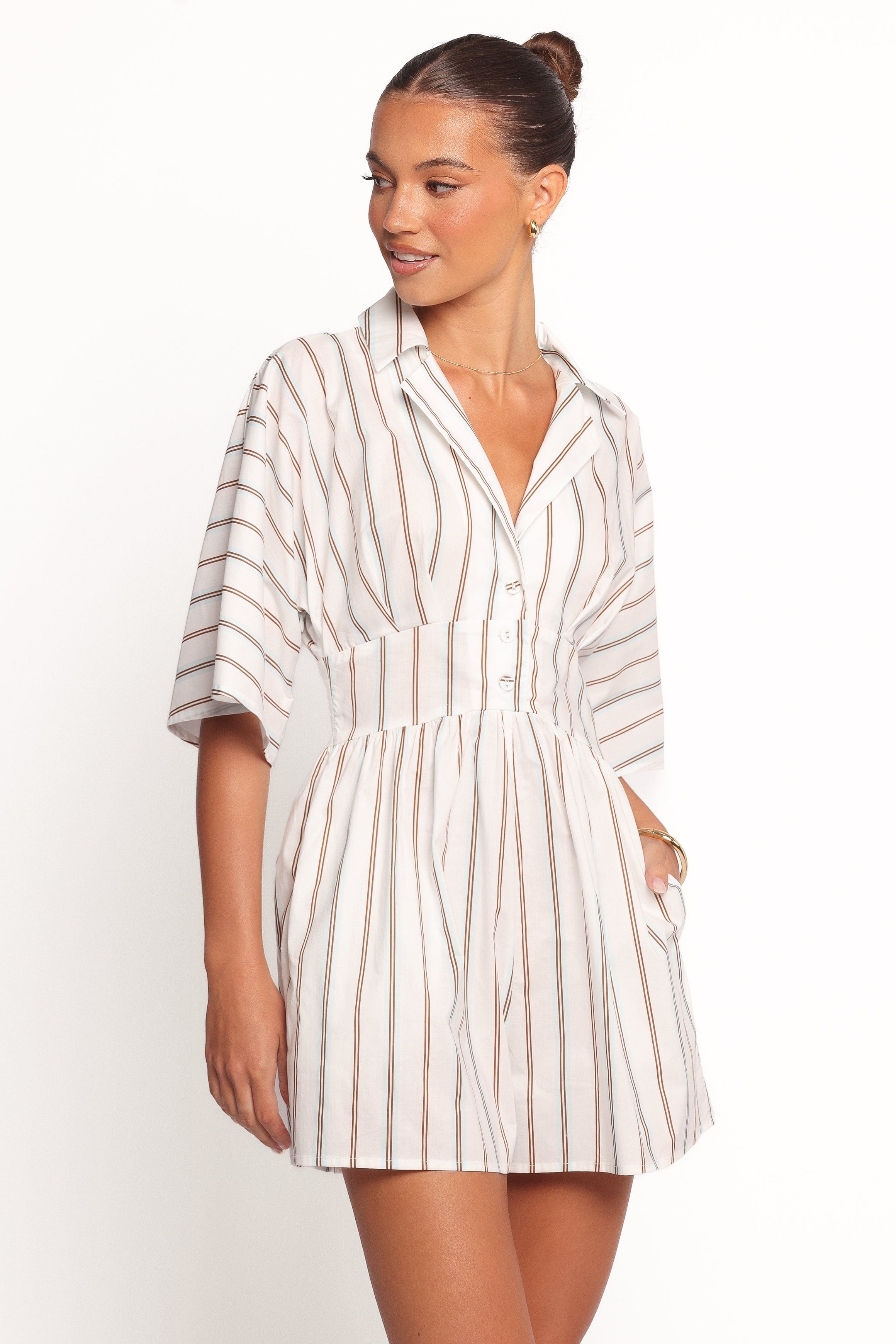 Petal and Pup USA PLAYSUITS Sonyalle Romper - Blue Brown Stripe (Hold for Rack)