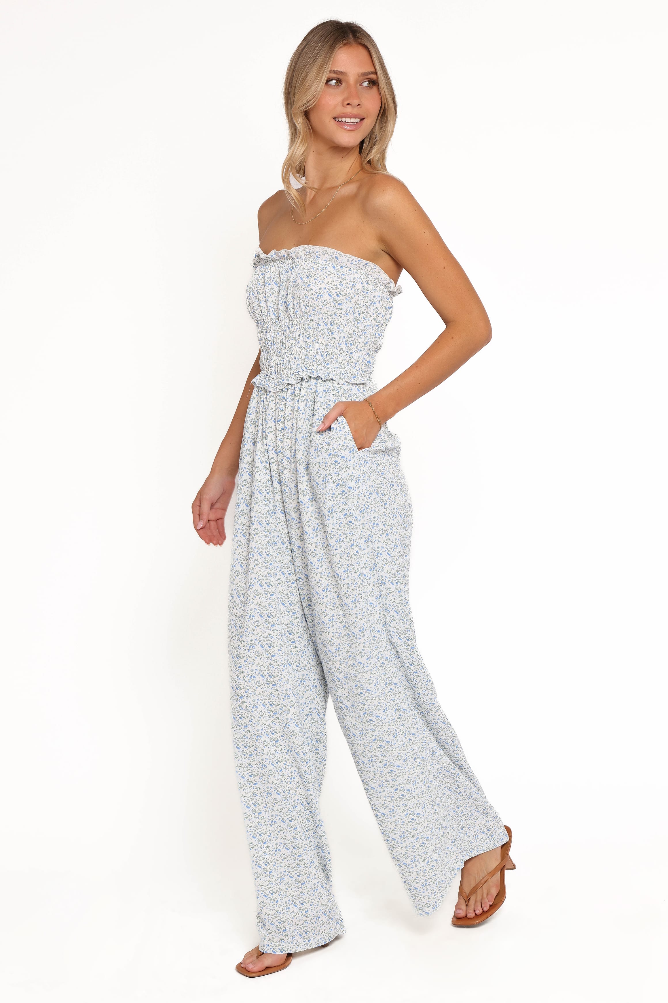 Petal and Pup USA PLAYSUITS Yulissa Strapless Jumpsuit - Blue Floral