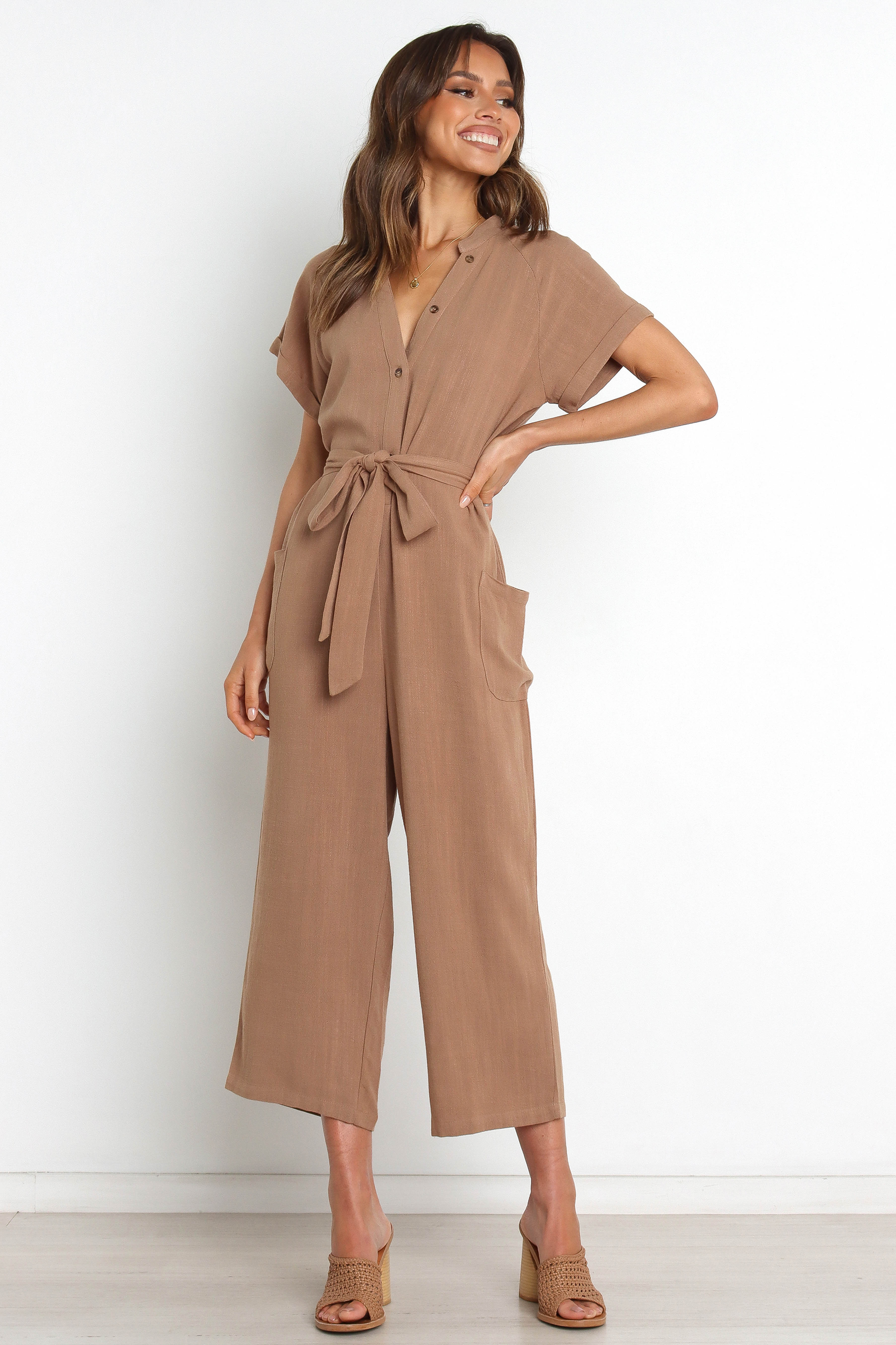 NWT BUTTER IT UP sale LONG SLEEVE CUTOUT JUMPSUIT IN MOCHA- SOLD OUT