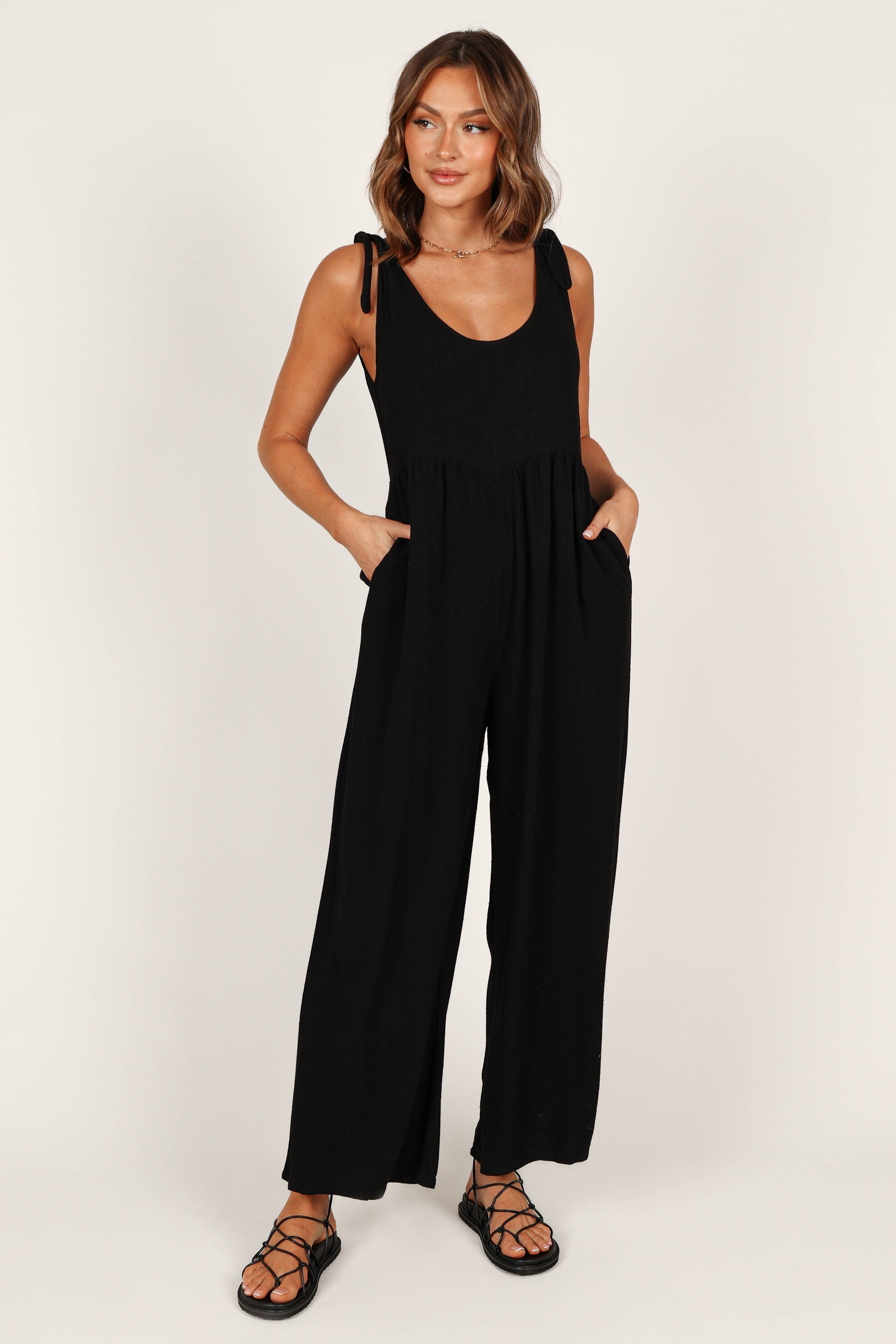 BLACK LINEN JUMPSUIT, Wrap Linen Jumpsuit with Belt, Wide Leg Linen online Jumpsuit