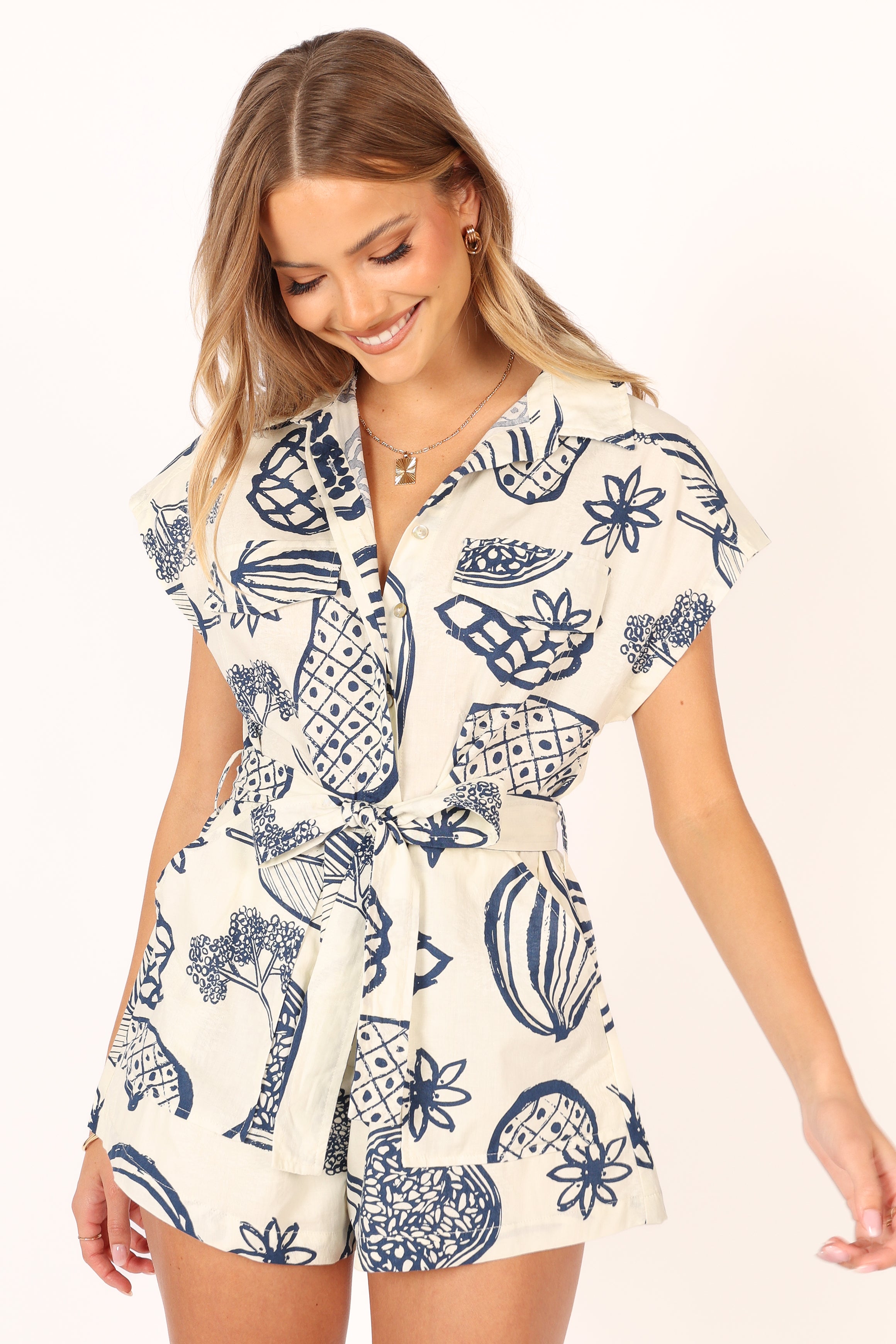 Georgina Tie Waist Romper - Navy | Petal & Pup USA