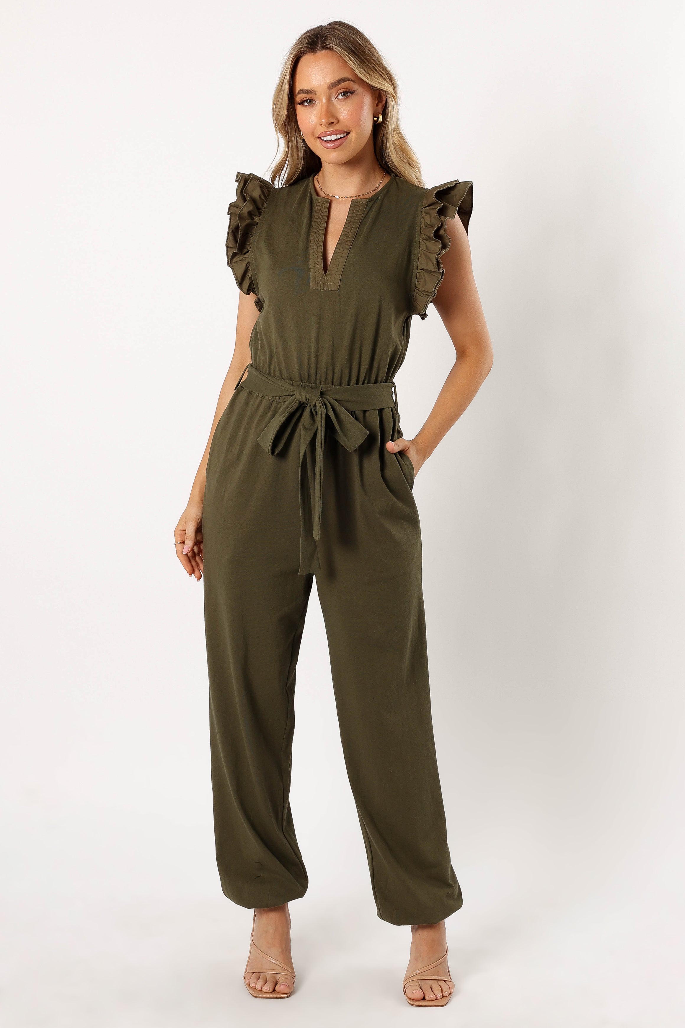 Nova Season Long Sleeve One Shoulder Jumpsuit - Olive