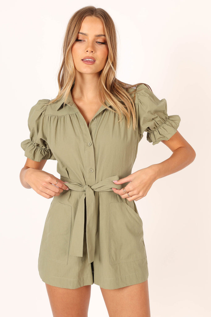 Riley Waist Tie Romper - Olive - Petal & Pup USA
