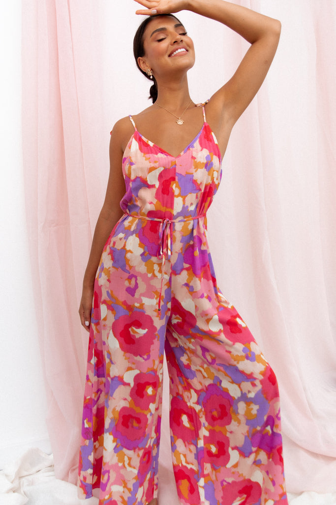 A. Peach Mixed Floral Print Wide Leg Jumpsuit - Women's Rompers/Jumpsuits  in Pink Multi