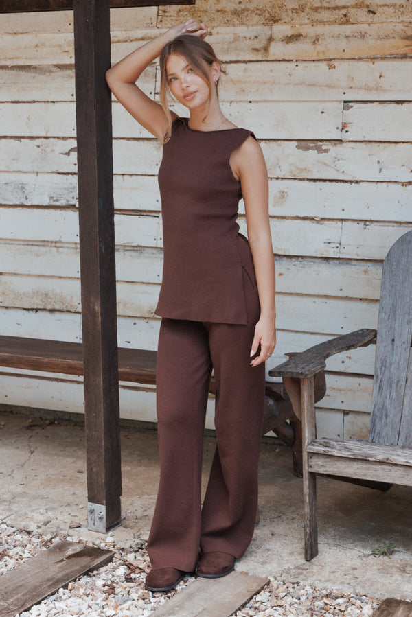 Petal and Pup USA SETS Beth Knitted Pant Set - Chocolate