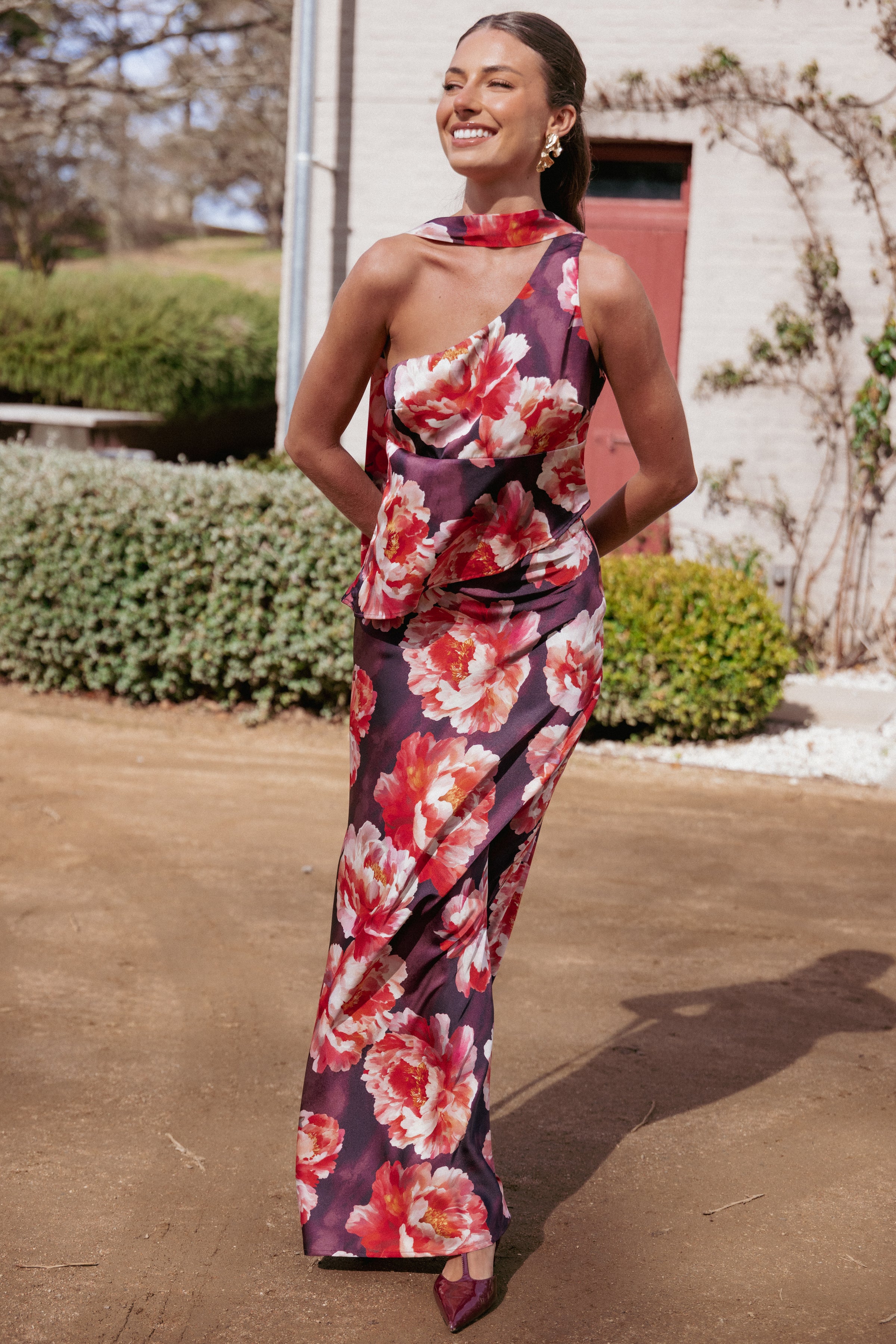 Petal and Pup USA SETS Georgina One Shoulder Skirt Set - Burgundy Peony