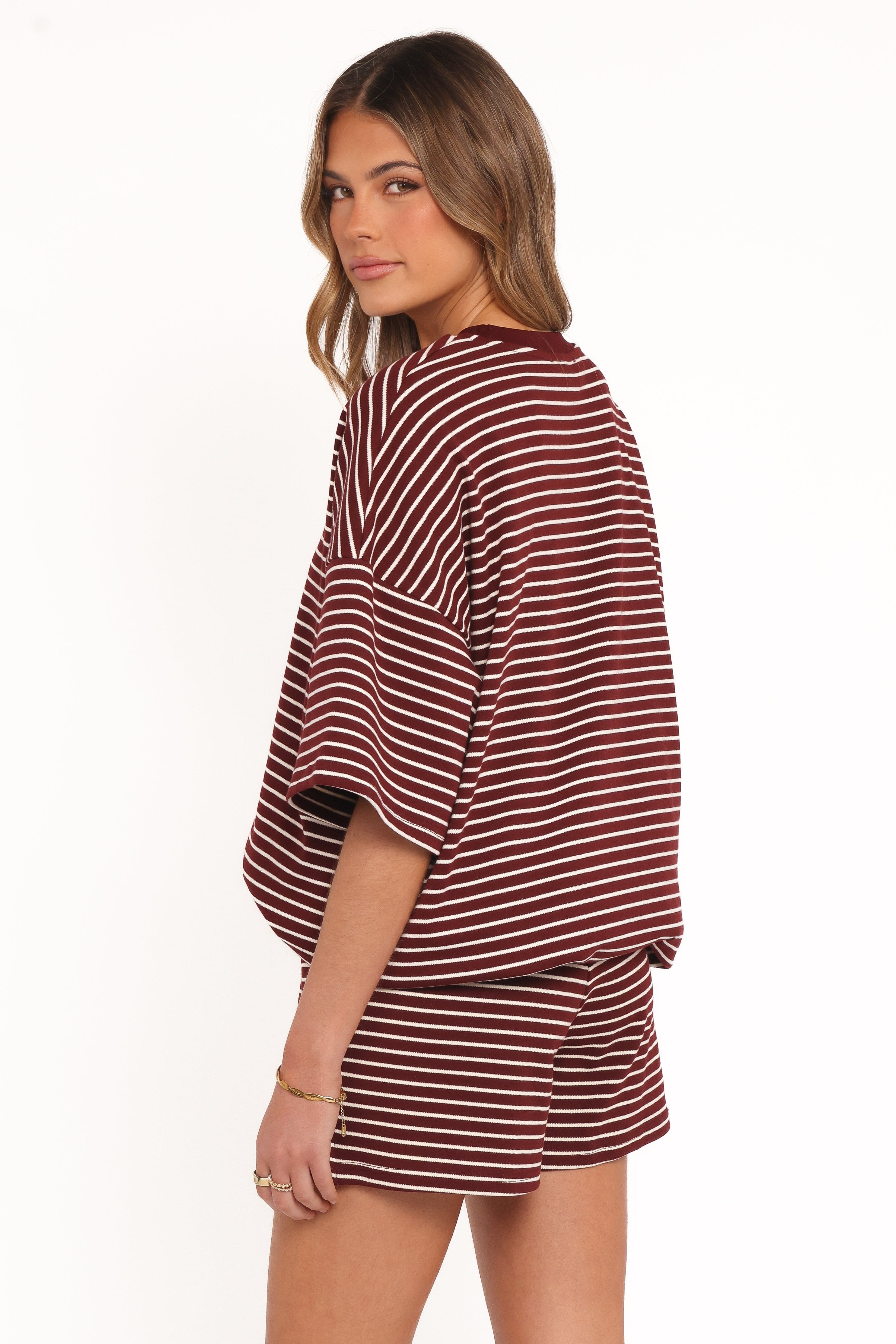 Hellen Stripe Short Set - Burgundy Cream Stripe | Petal & Pup USA