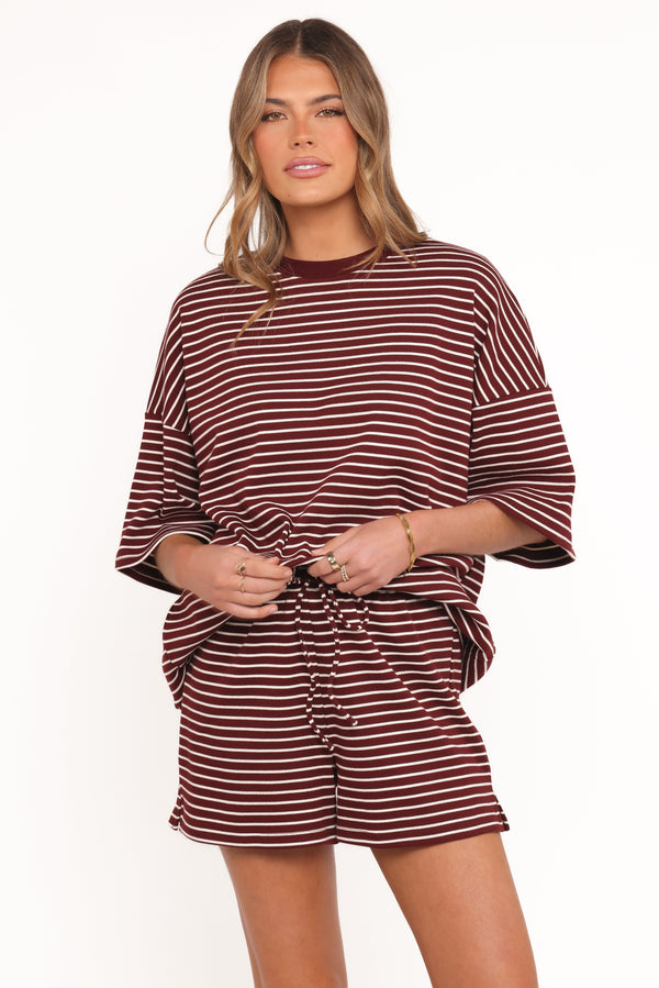 Petal and Pup USA SETS Hellen Stripe Short Set - Burgundy Cream Stripe