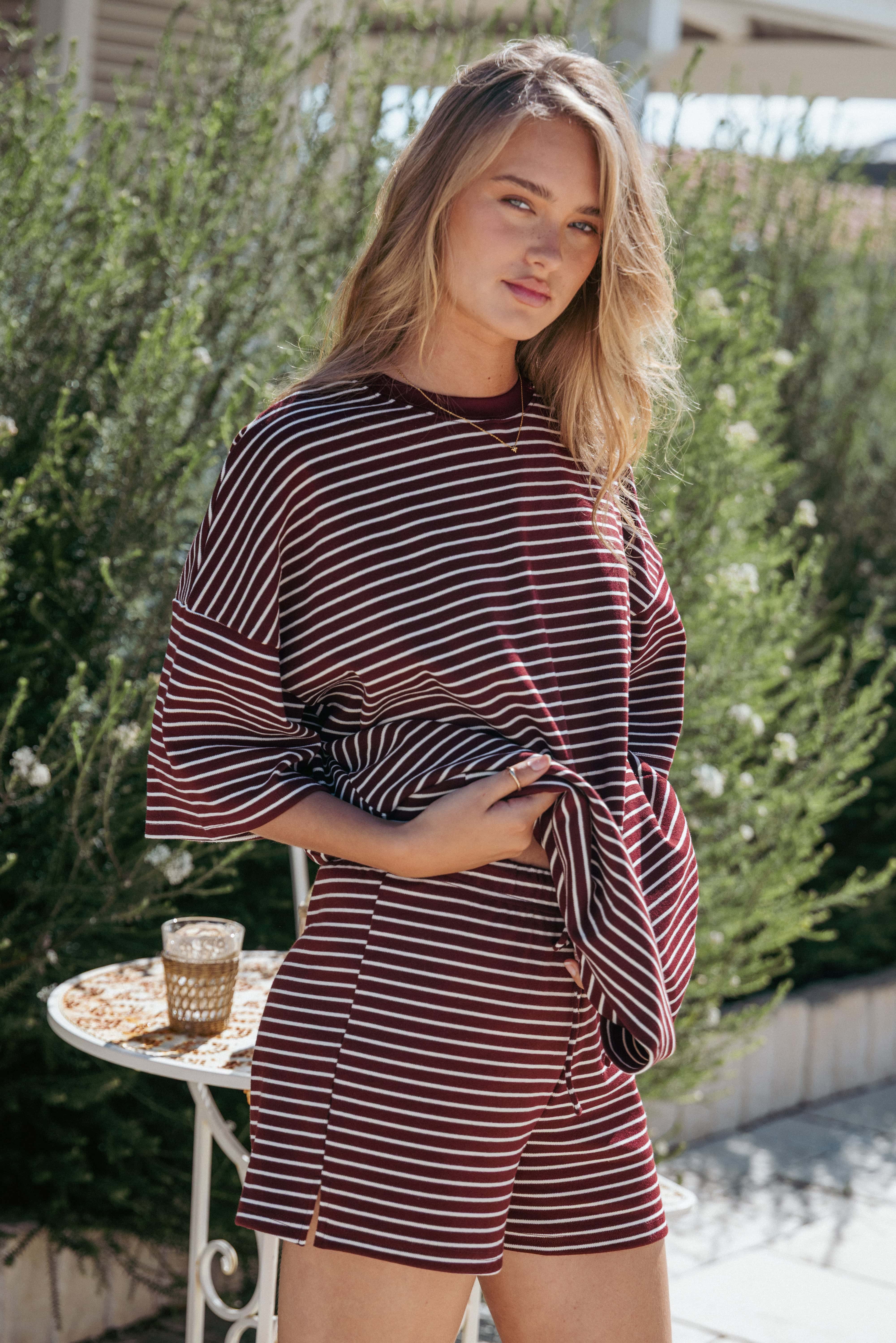 Hellen Stripe Short Set - Burgundy Cream Stripe | Petal & Pup USA