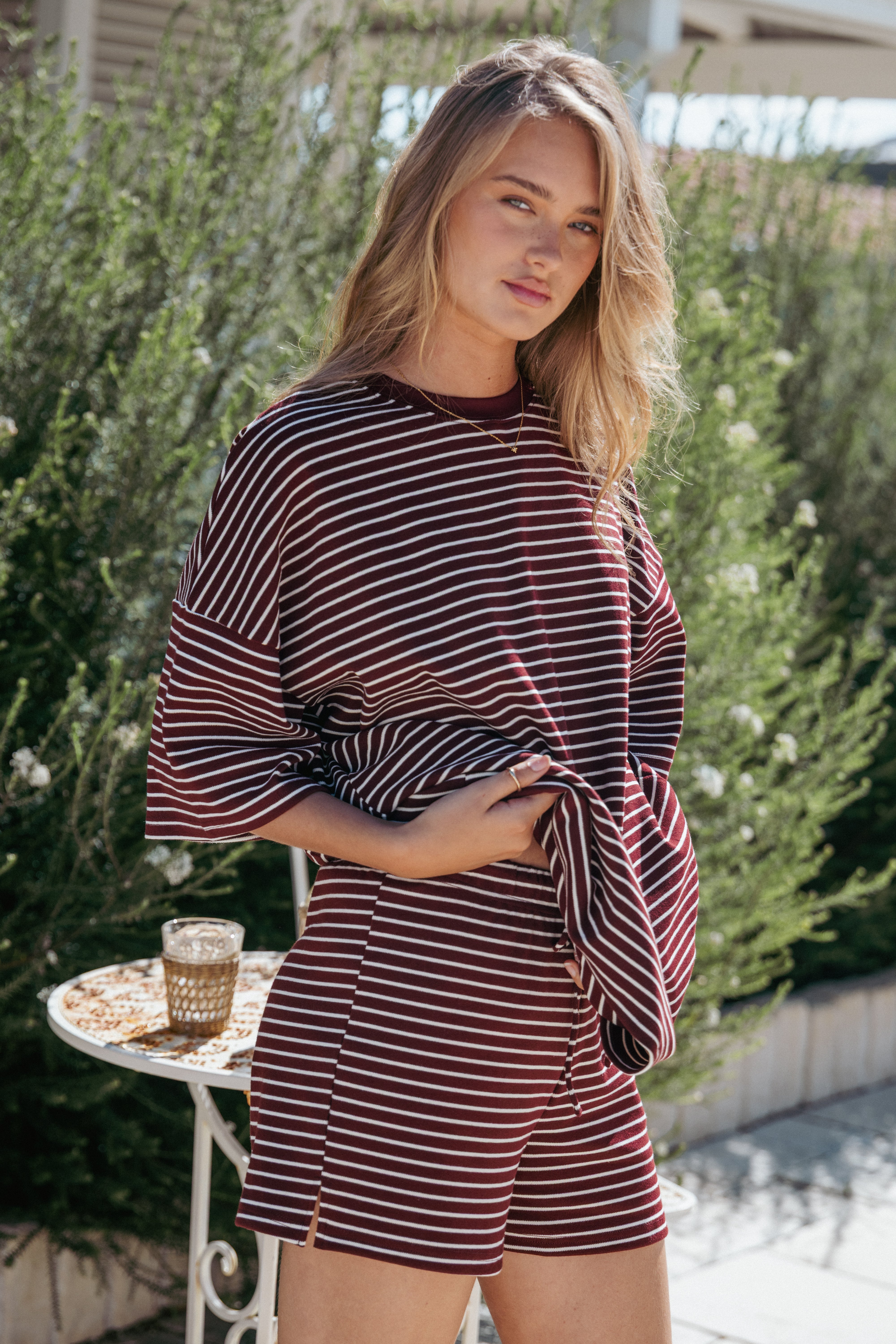 Petal and Pup USA SETS Hellen Stripe Short Set - Burgundy Cream Stripe