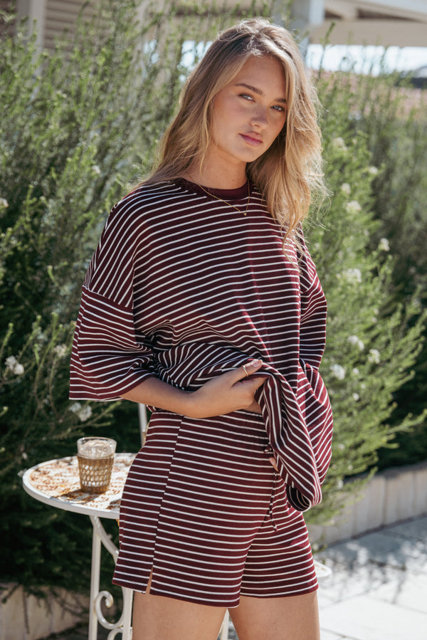 Petal and Pup USA SETS Hellen Stripe Short Set - Burgundy Cream Stripe