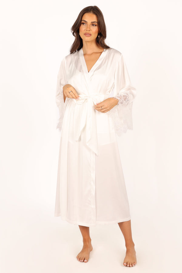 Petal and Pup USA SWIM & INTIMATES Darani Full Length Lace Trim Robe - Ivory