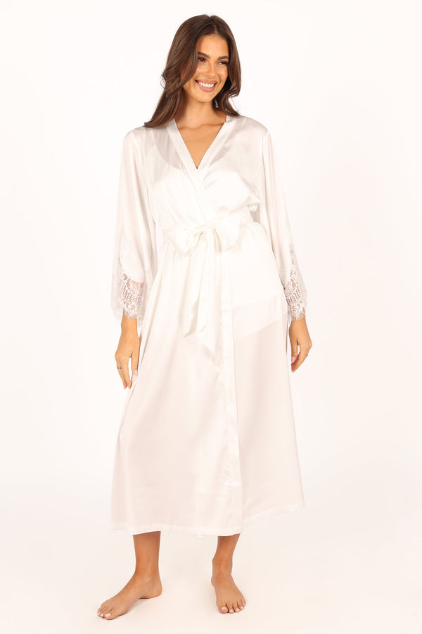 Petal and Pup USA SWIM & INTIMATES Darani Full Length Lace Trim Robe - Ivory