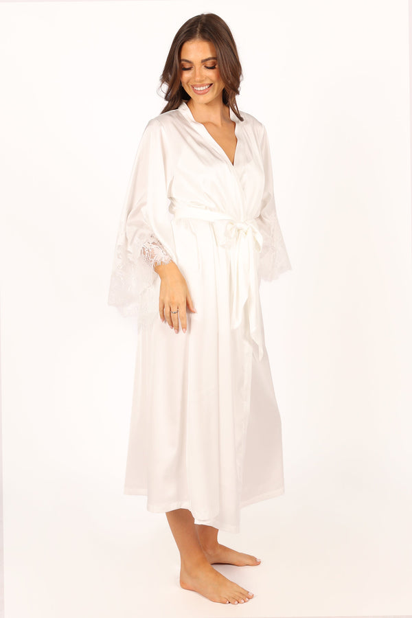 Petal and Pup USA SWIM & INTIMATES Darani Full Length Lace Trim Robe - Ivory