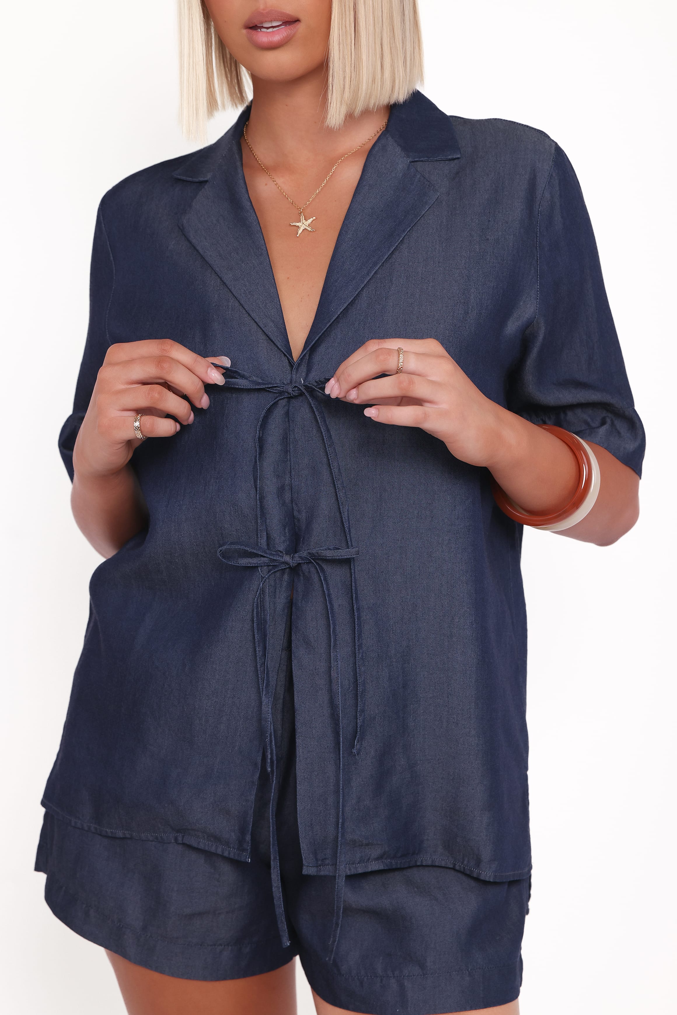Petal and Pup USA TOPS Aaliyah Chambray Tie Front Top - Dark Wash