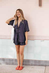 Petal and Pup USA TOPS Aaliyah Chambray Tie Front Top - Dark Wash