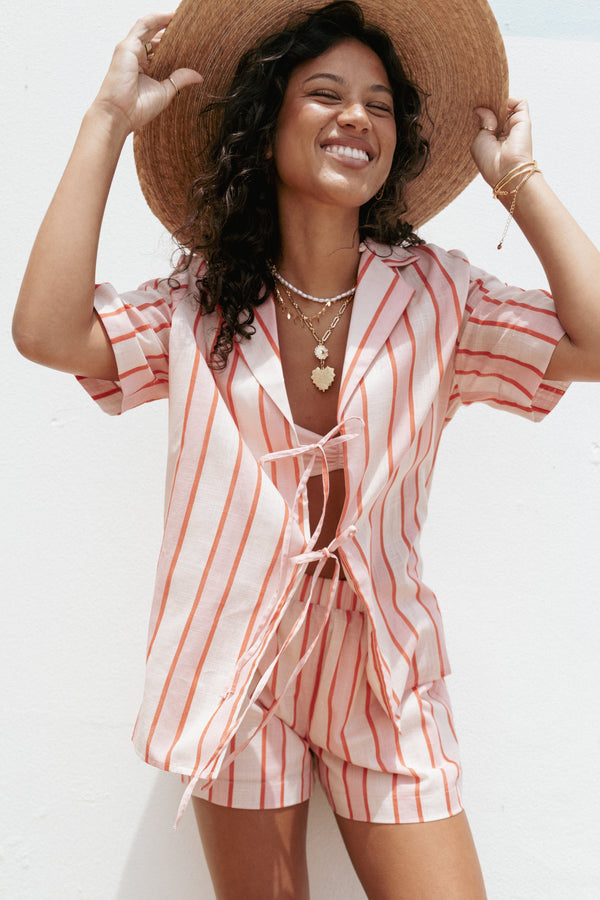 Petal and Pup USA TOPS Aaliyah Tie Front Top - Pink Stripe (Hold for Amazon)