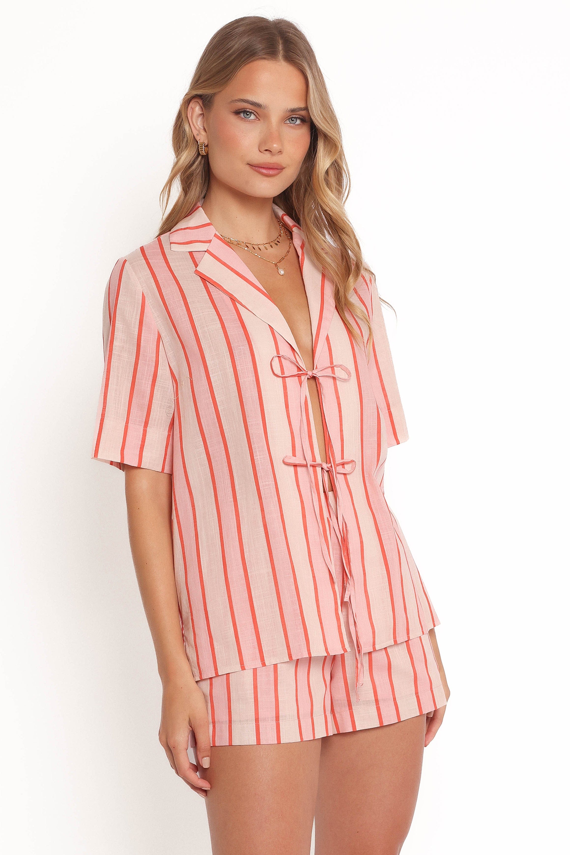 Petal and Pup USA TOPS Aaliyah Tie Front Top - Pink Stripe (Hold for Amazon)