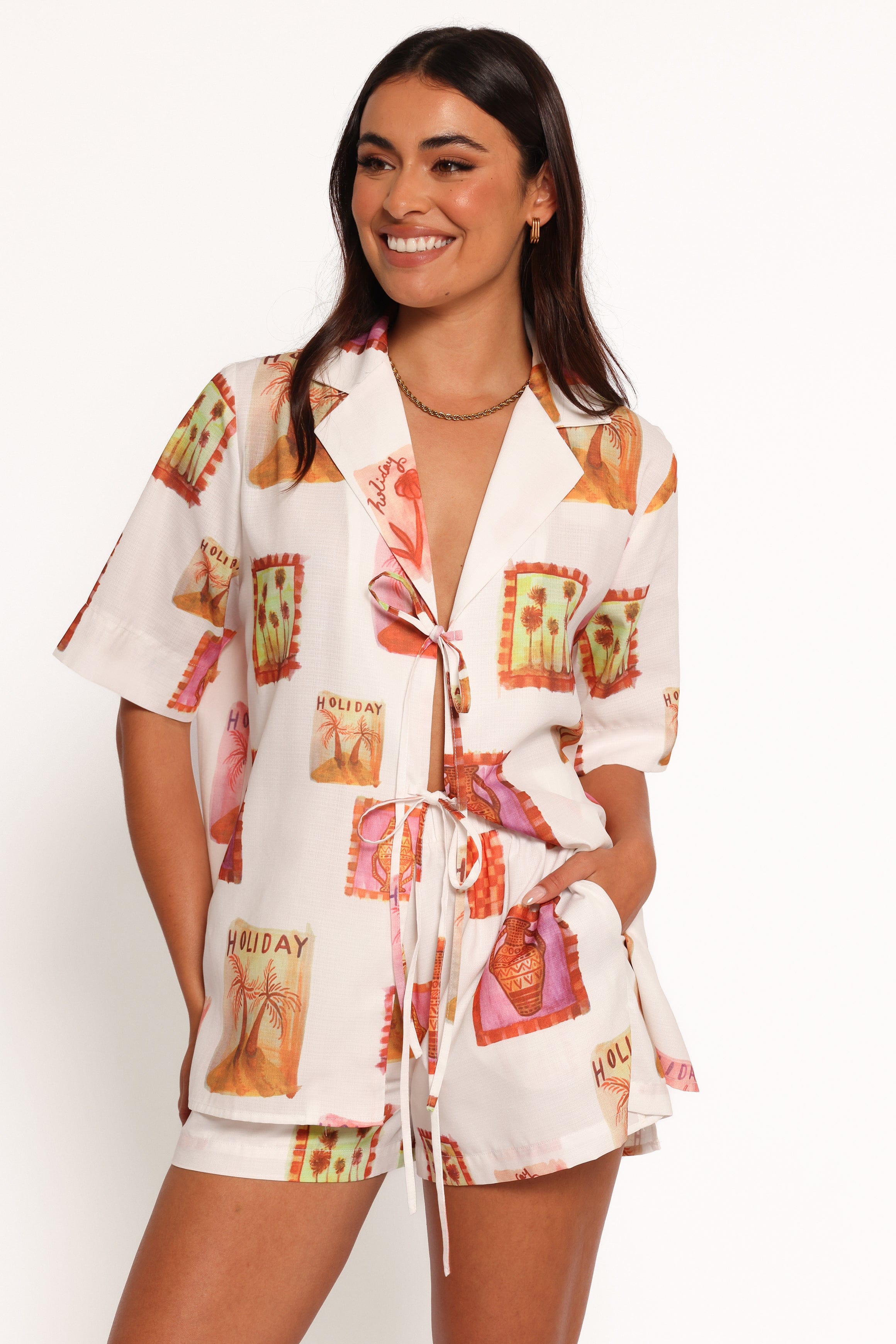 Petal and Pup USA TOPS Aaliyah Tie Front Top - White Multi (Hold for Amazon)