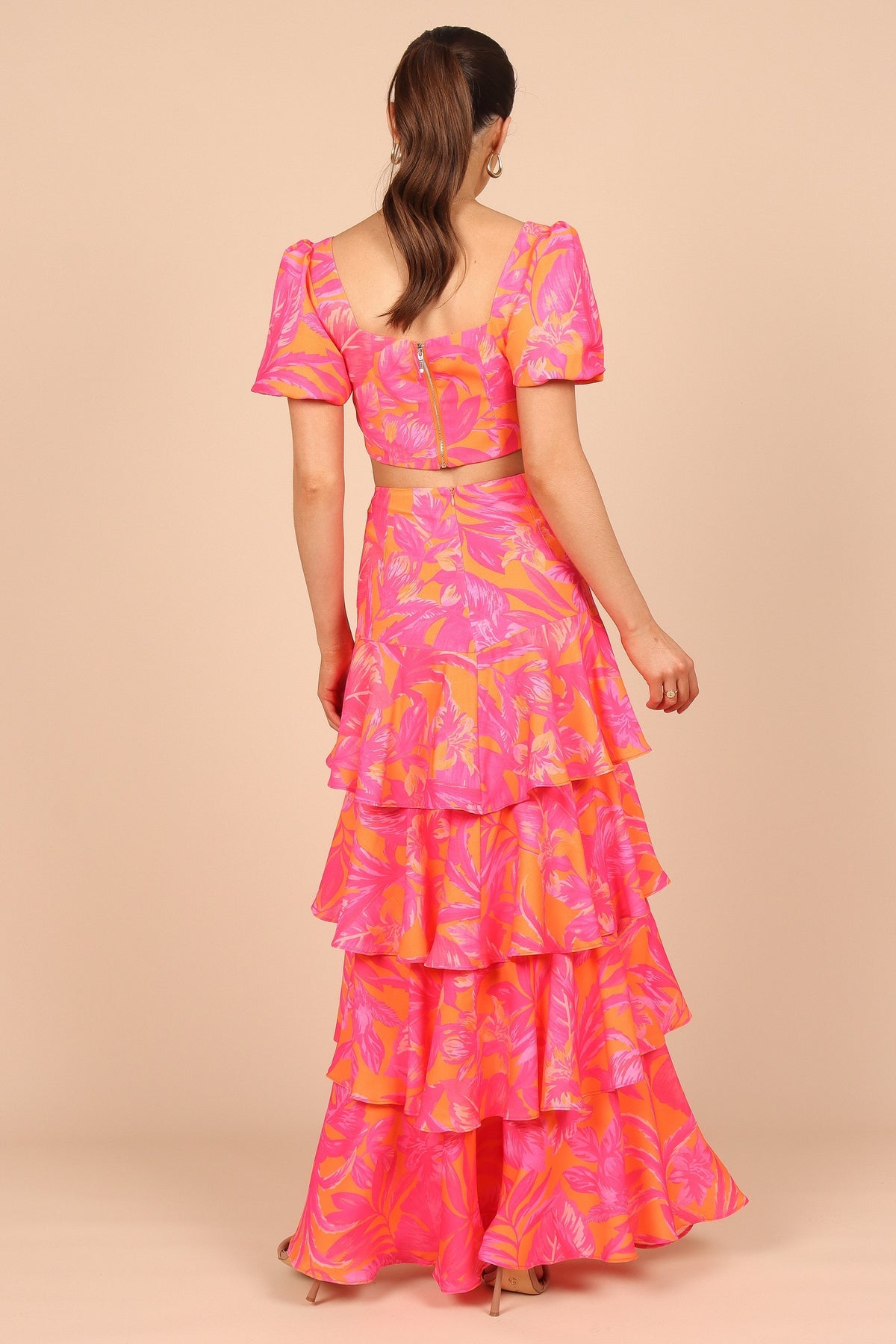 pink crop top dress Romantic Pink Floral Crop Top & Tiered Tulle Skirt