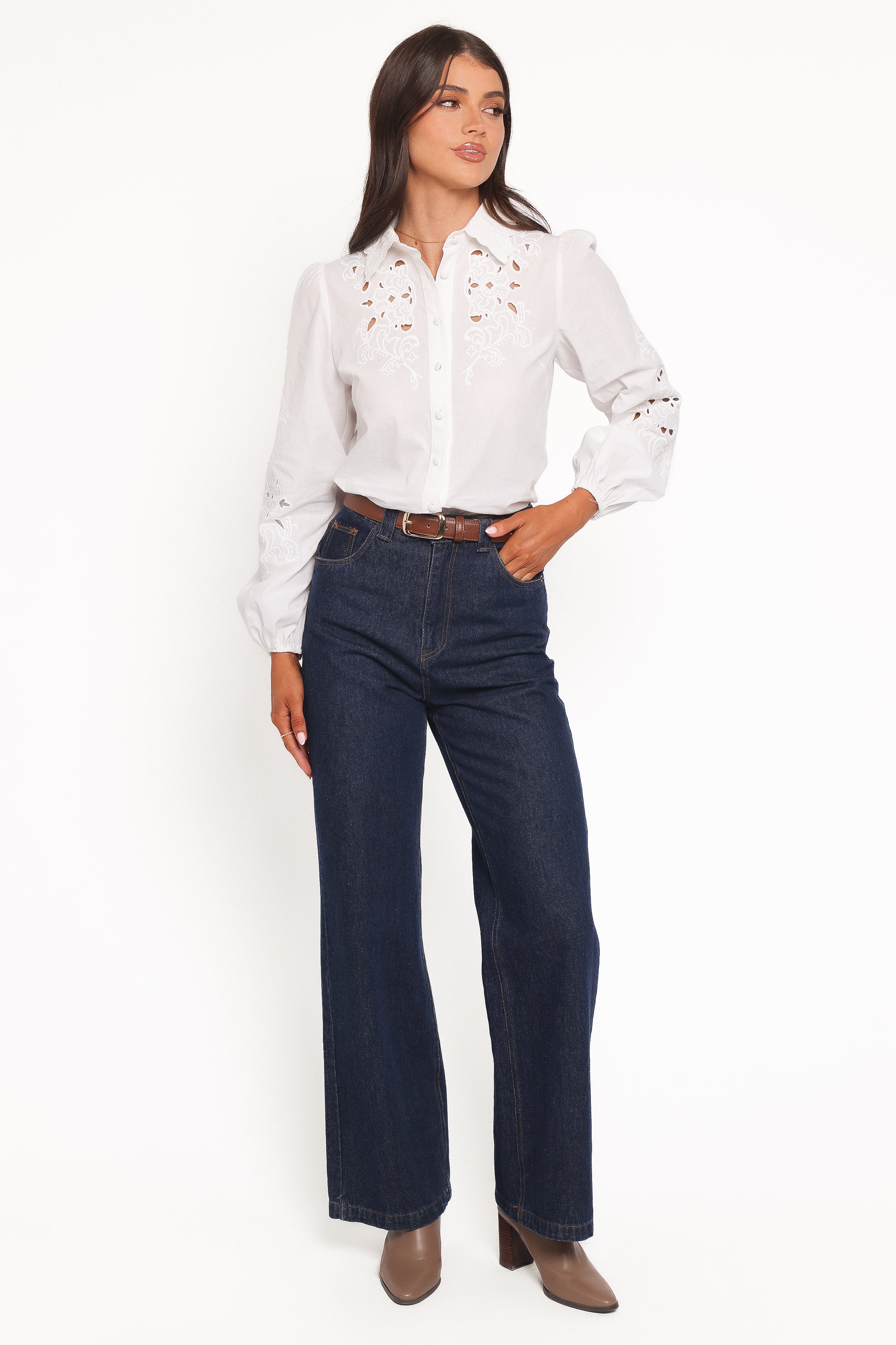 Petal and Pup USA TOPS Aeloria Button Front Shirt - White Embroidery