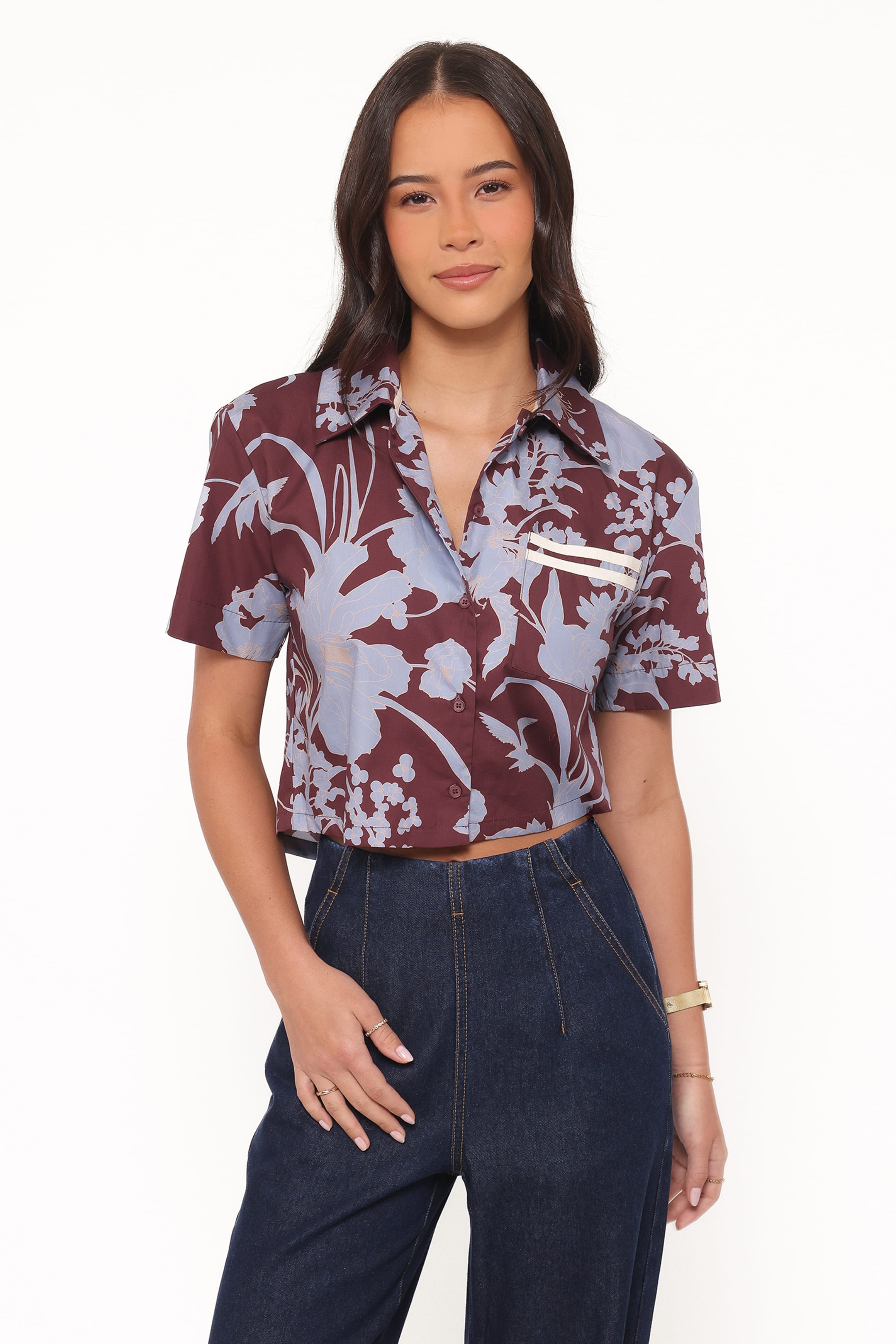 Petal and Pup USA TOPS Aine Cropped Short Sleeve Shirt - Burgundy Floral