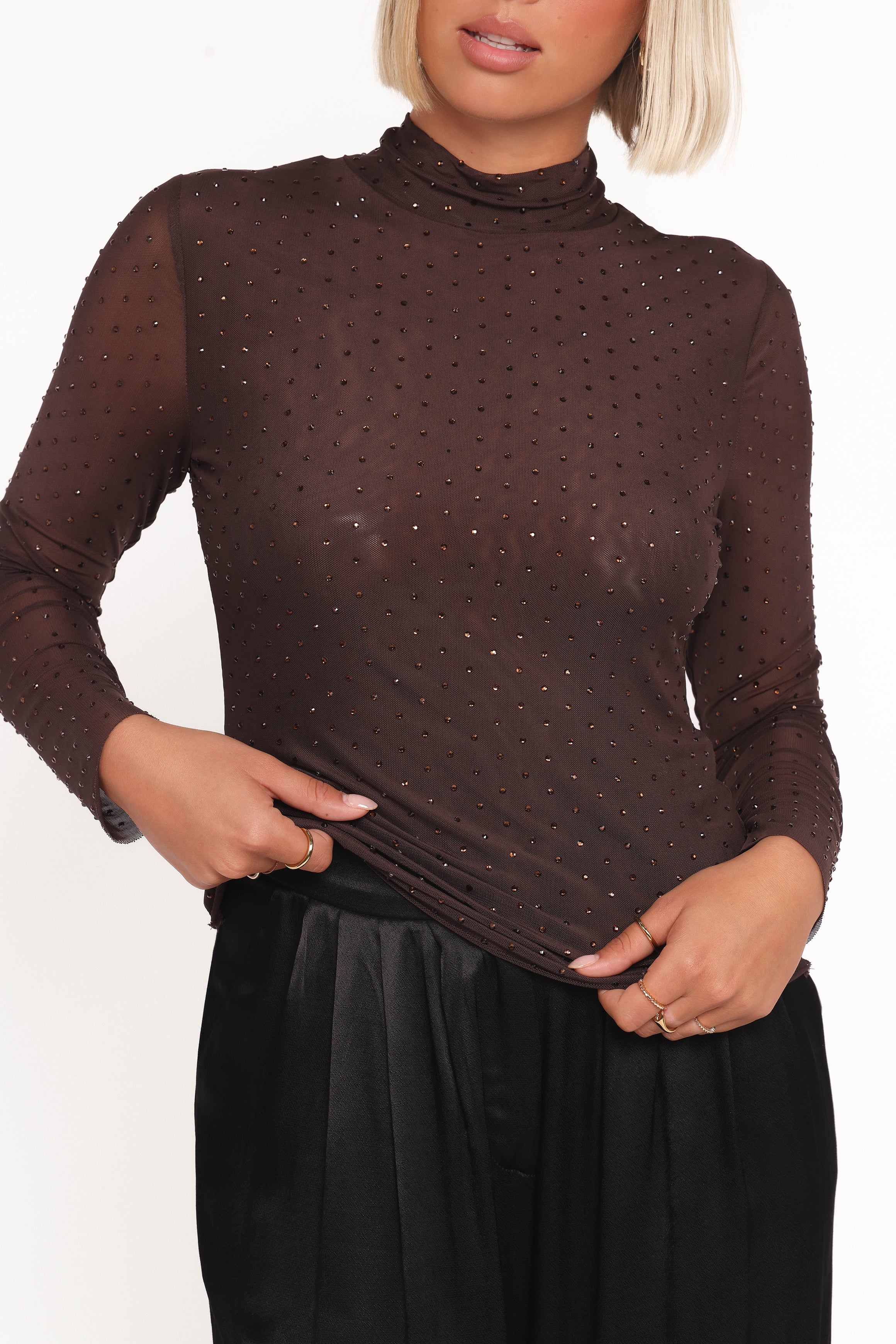 Alejandra Embellished Mesh Top - Dark Chocolate
