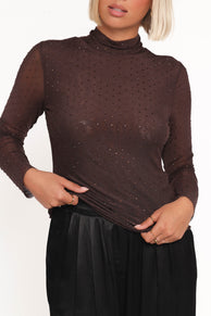 Petal and Pup USA TOPS Alejandra Embellished Mesh Top - Dark Chocolate