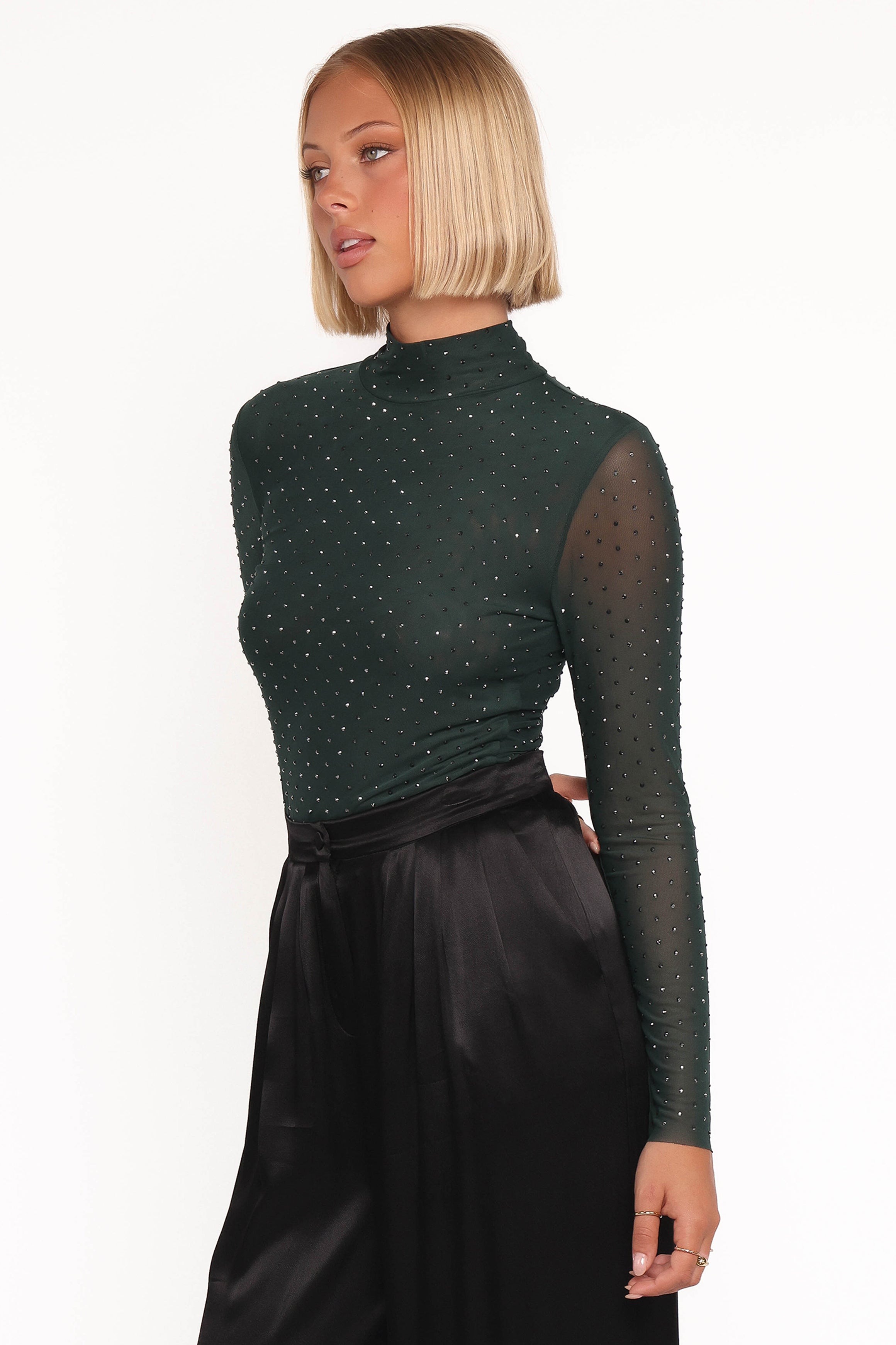 Petal and Pup USA TOPS Alejandra Embellished Mesh Top - Hunter Green
