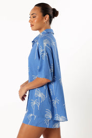 Petal and Pup USA TOPS Amira Short Sleeve Shirt - Blue Palm Print