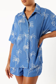 Petal and Pup USA TOPS Amira Short Sleeve Shirt - Blue Palm Print