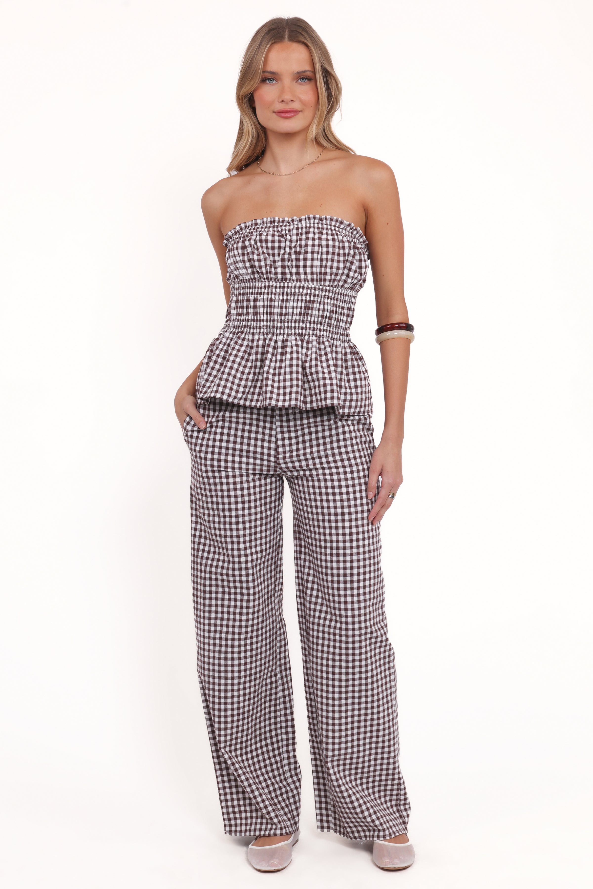 Petal and Pup USA TOPS Amity Strapless Top - Brown Gingham