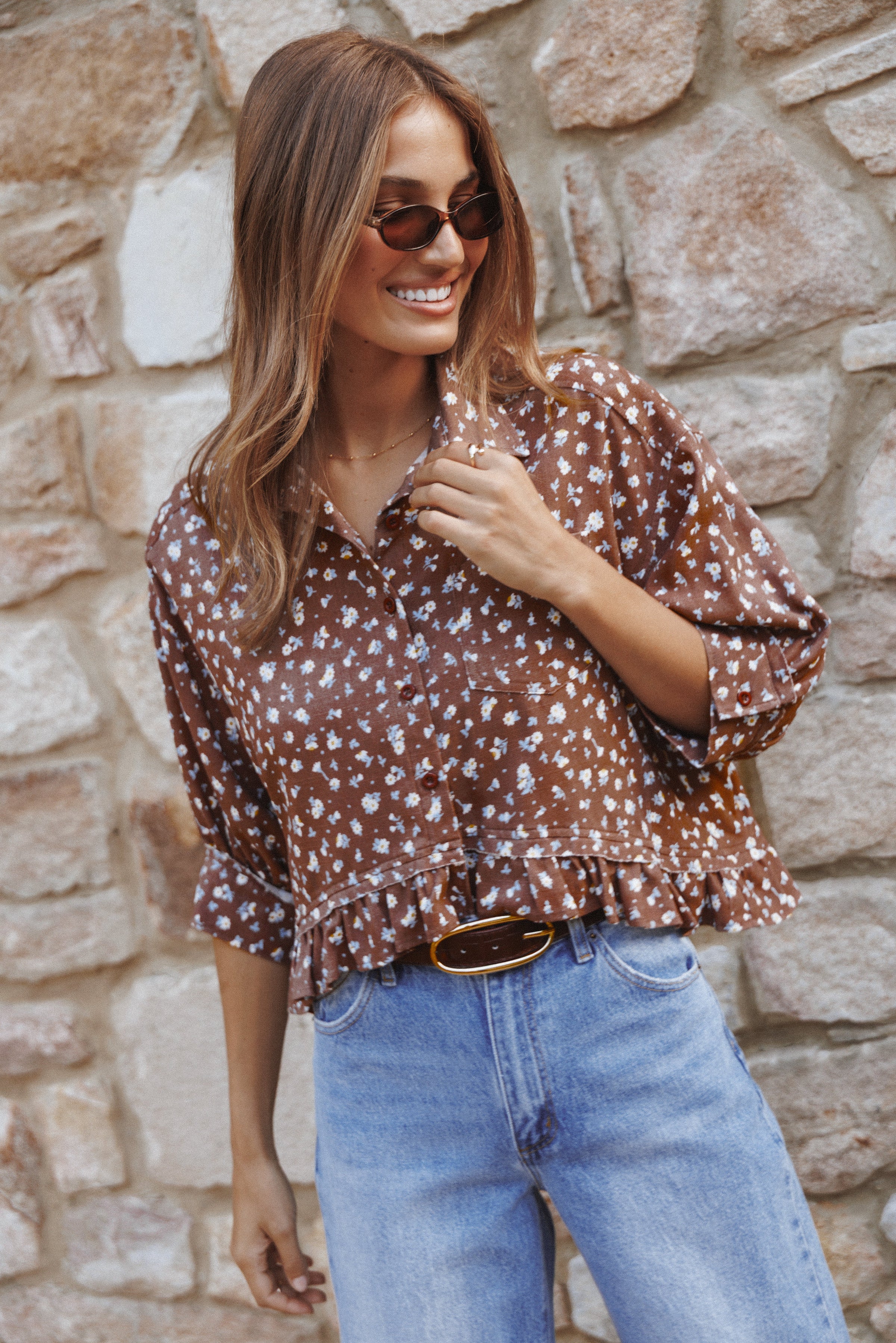 Petal and Pup USA TOPS Ashe Cropped Button Up Top - Brown Floral