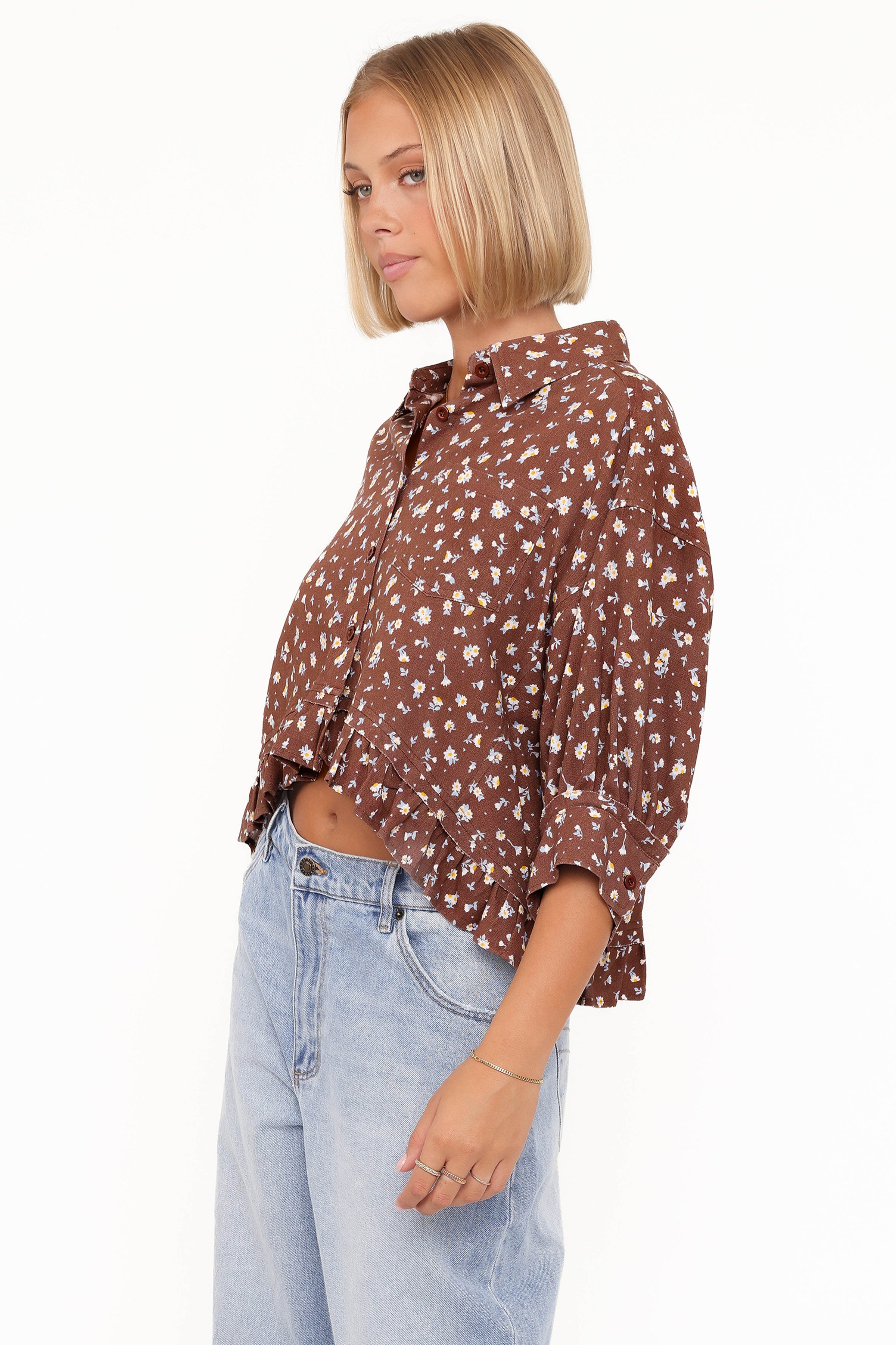 Petal and Pup USA TOPS Ashe Cropped Button Up Top - Brown Floral