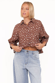 Petal and Pup USA TOPS Ashe Cropped Button Up Top - Brown Floral