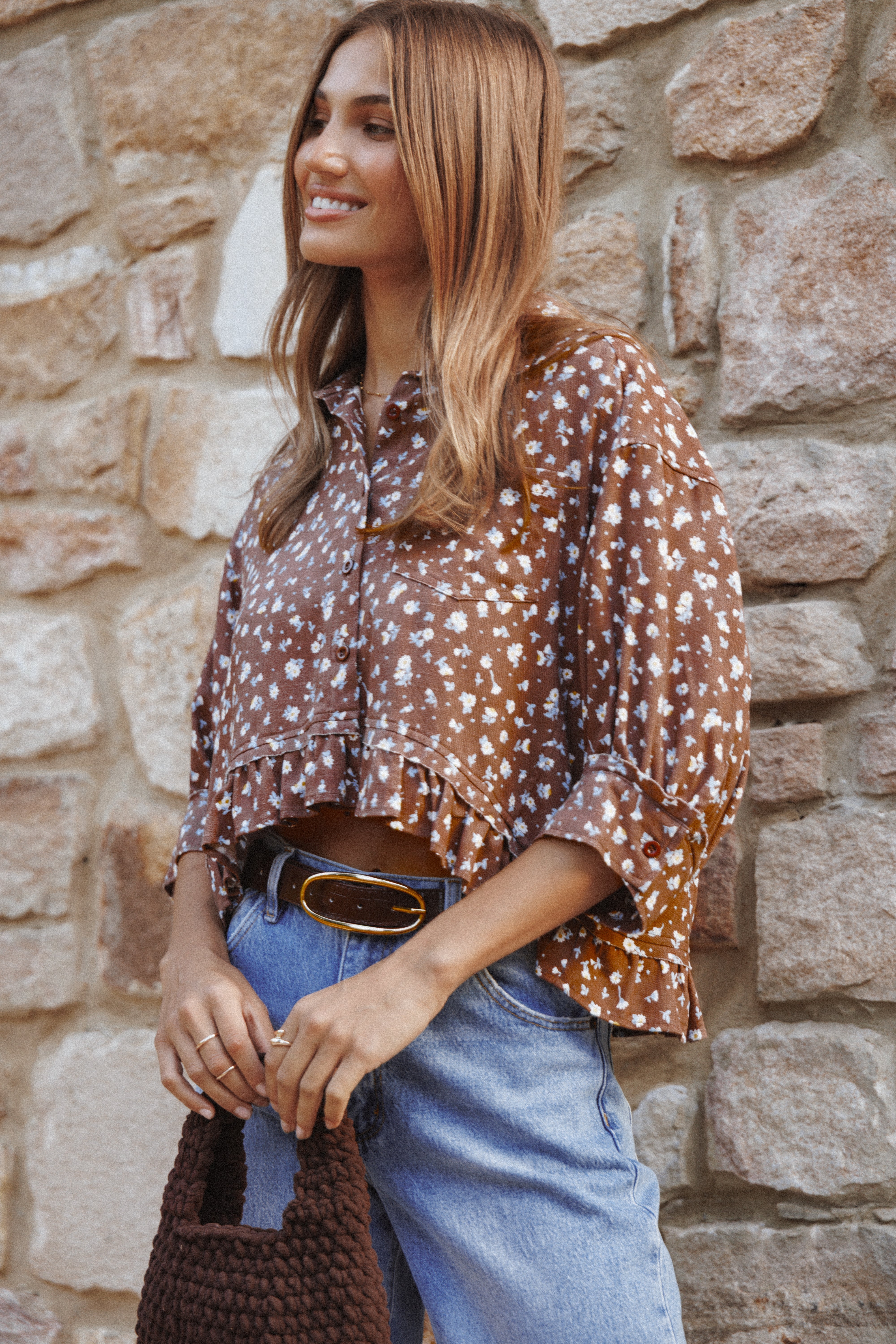 Petal and Pup USA TOPS Ashe Cropped Button Up Top - Brown Floral