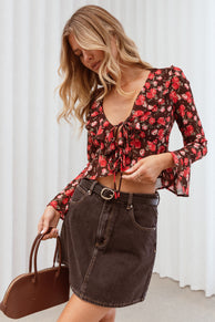 Petal and Pup USA TOPS Aveline Chiffon Ruffle Front Top - Brown Floral