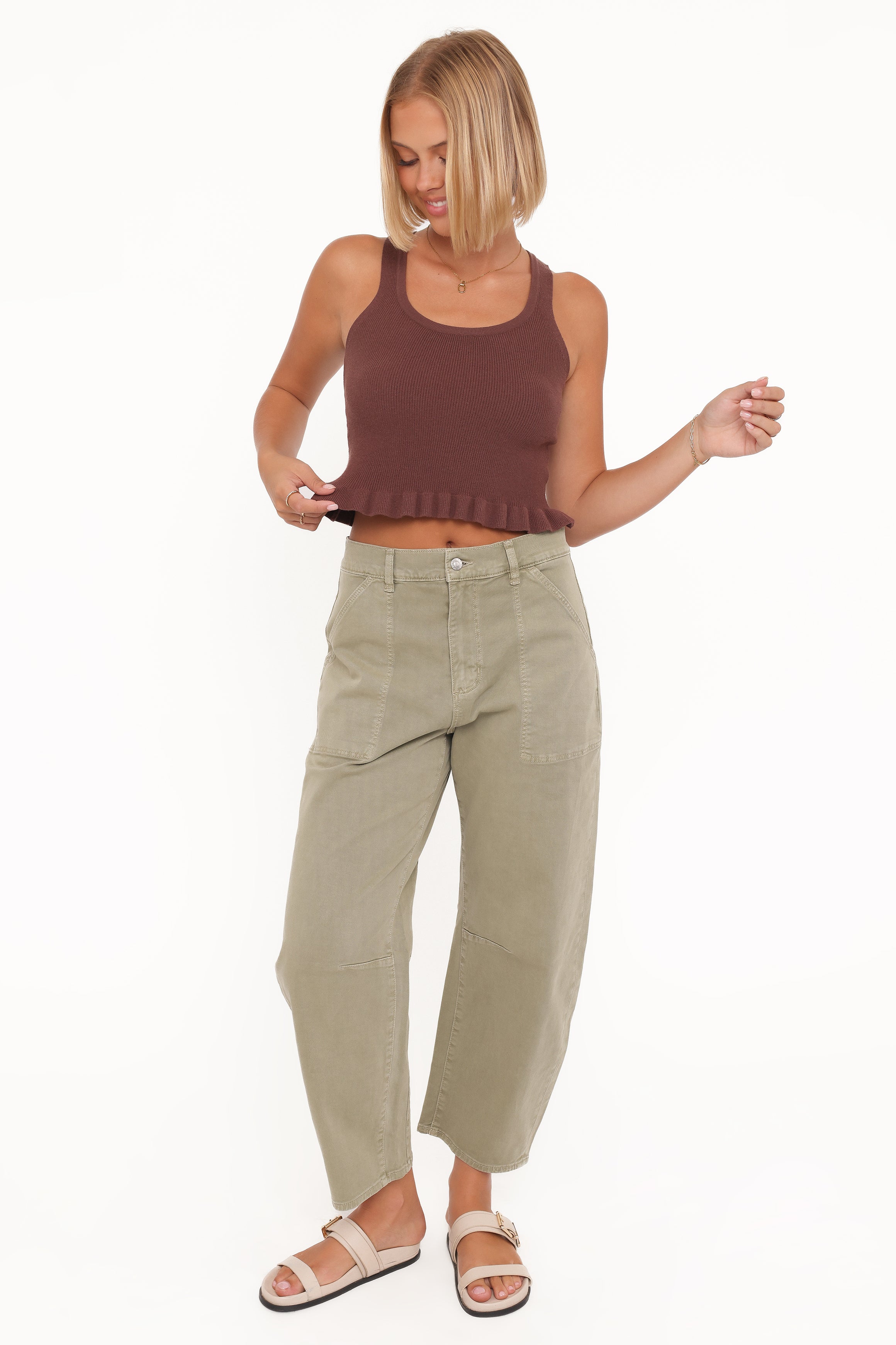 Petal and Pup USA TOPS Berenice Ruffle Hem Knitted Top - Brown