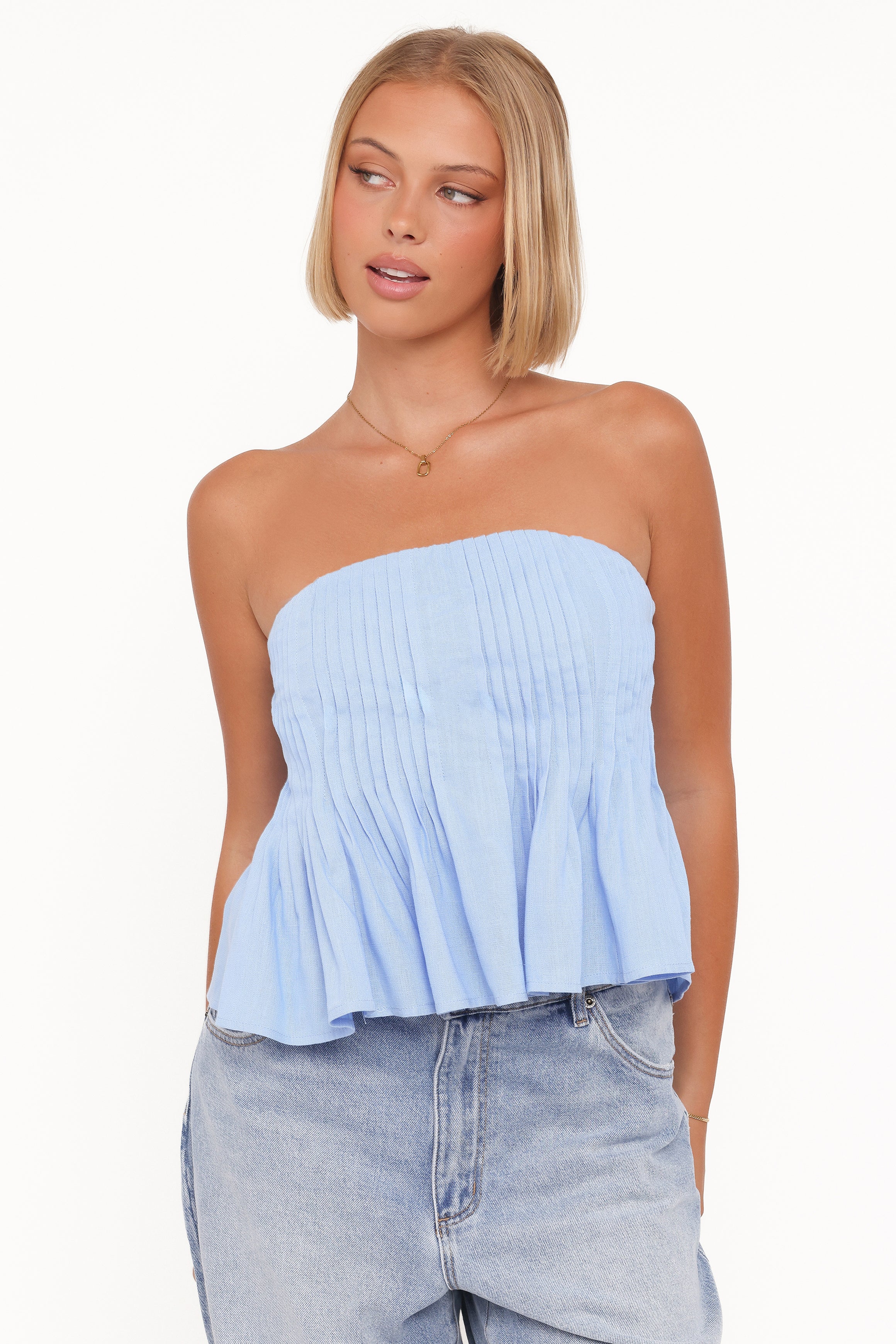 Petal and Pup USA TOPS Cagnes Strapless Peplum Top - Blue
