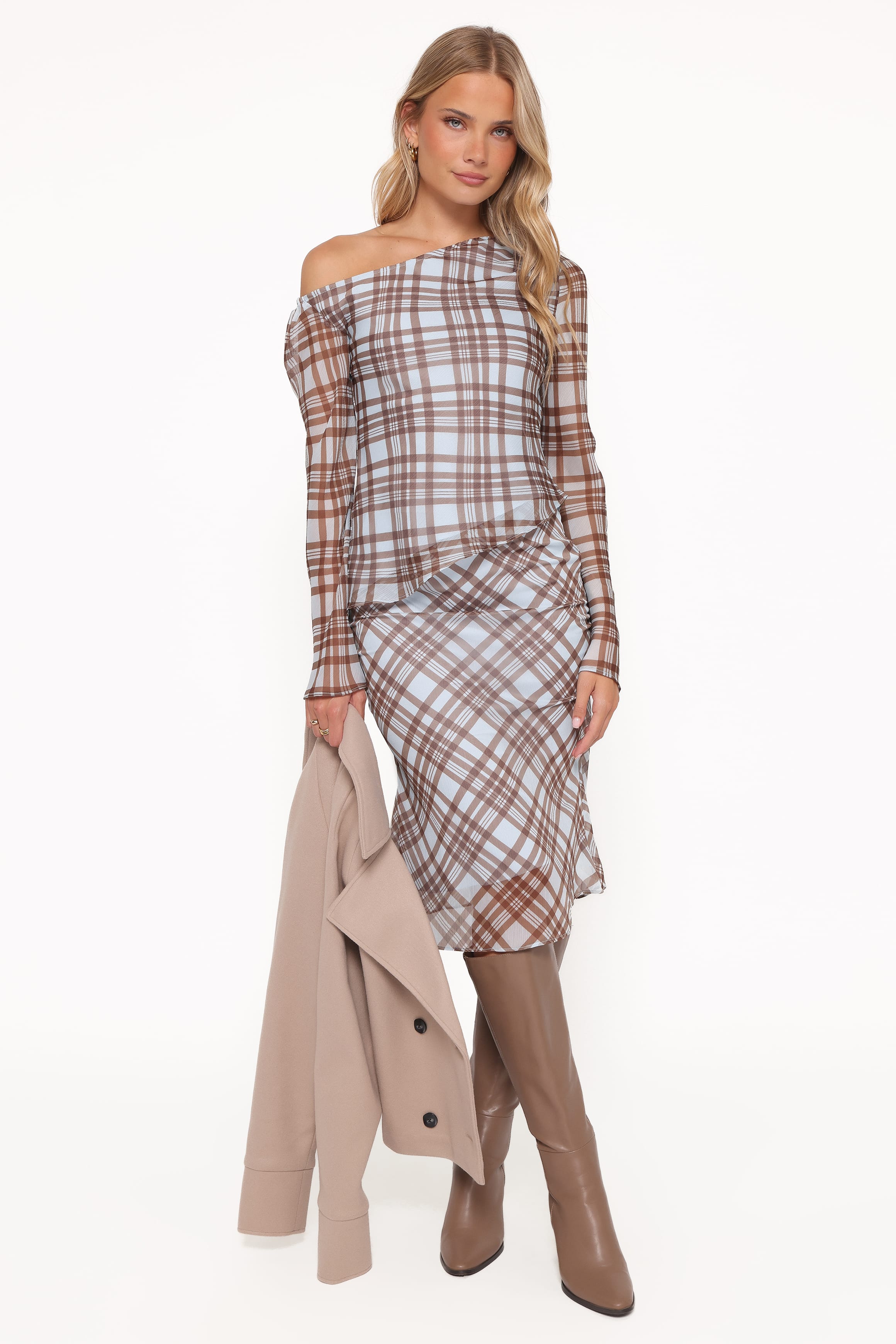 Petal and Pup USA TOPS Caitriona Cowl Neck Top - Blue Plaid